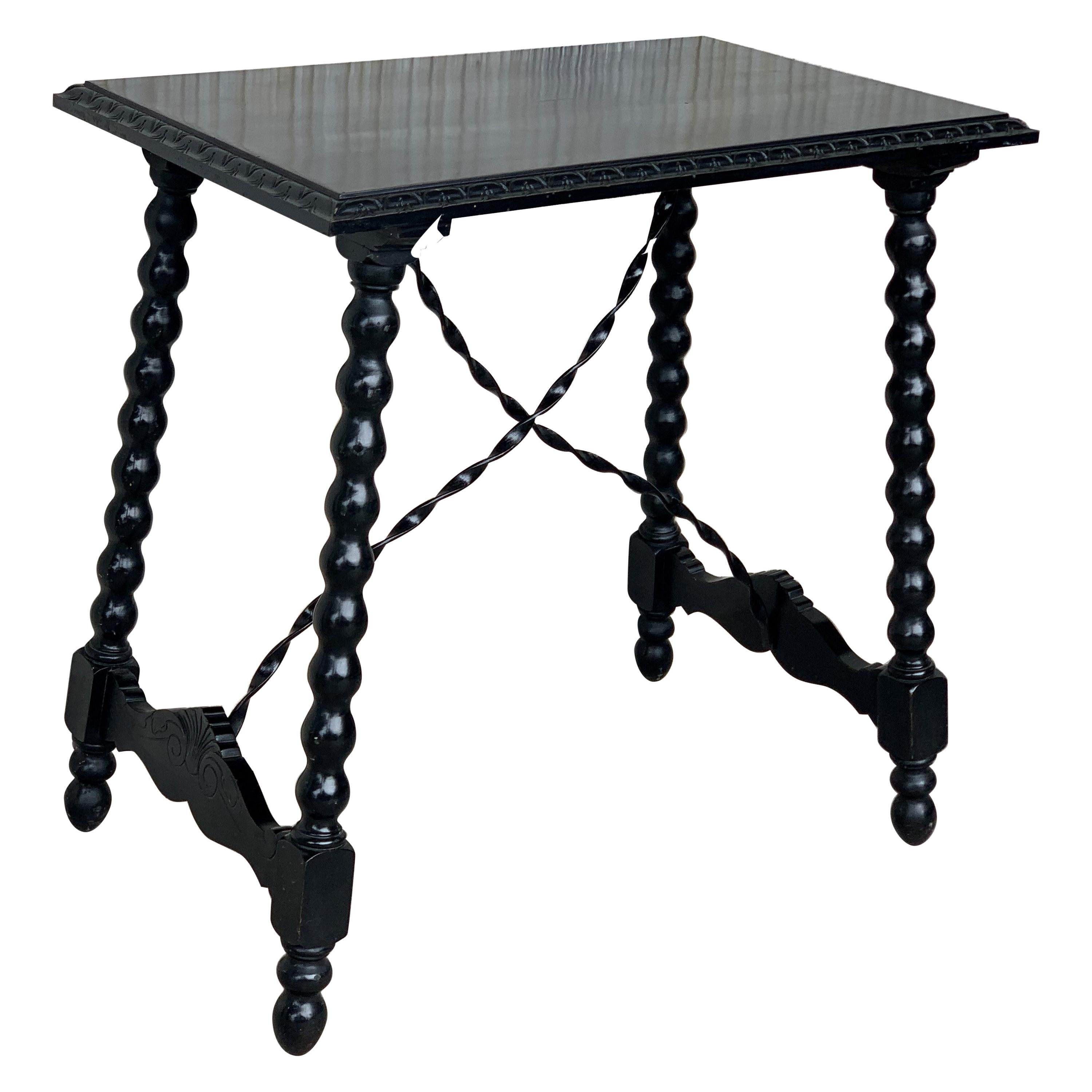19th Spanish Baroque Side Table with Iron Stretcher and Carved Top in Walnut For Sale