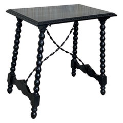 19th Spanish Baroque Side Table with Iron Stretcher and Carved Top in Walnut