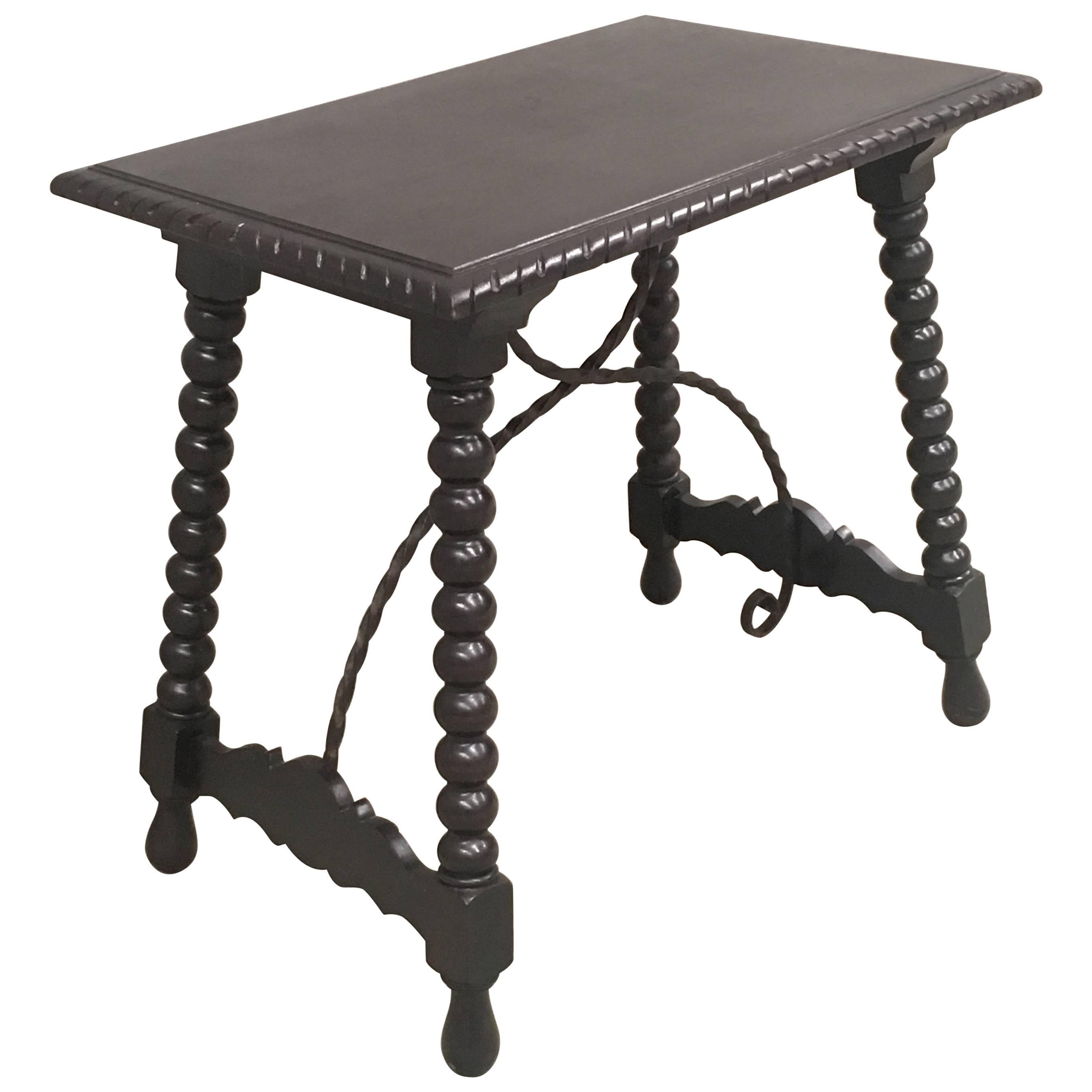 19th Spanish Baroque Side Table with Iron Stretcher and Carved Top in Walnut