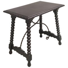 19th Spanish Baroque Side Table with Iron Stretcher and Carved Top in Walnut