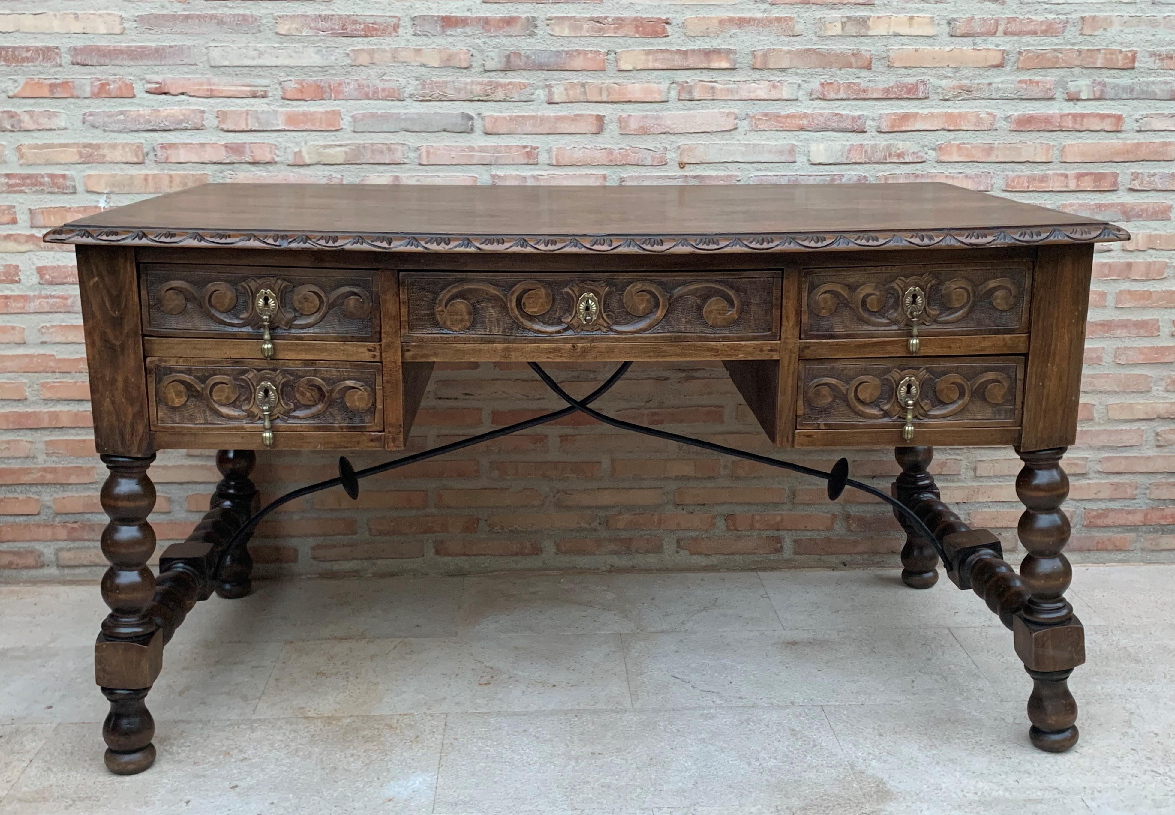Renaissance 19th Century Spanish Baroque Style Oak Library Table or Desk