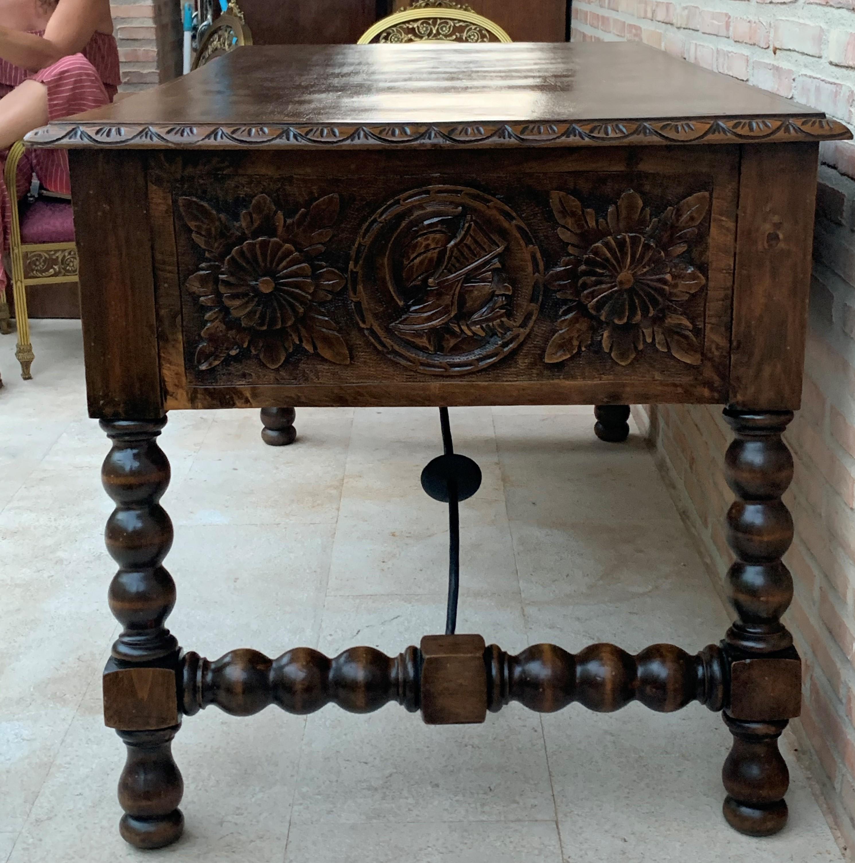 19th Century Spanish Baroque Style Oak Library Table or Desk 1