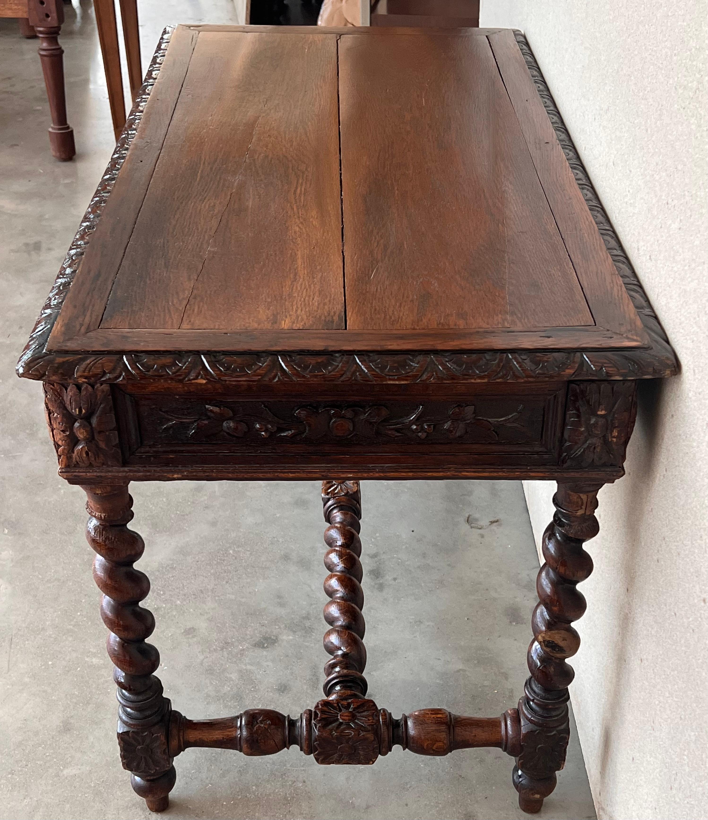 19th Spanish Baroque Walnut Desk Table with Carved Frame and Solomonic Legs 5