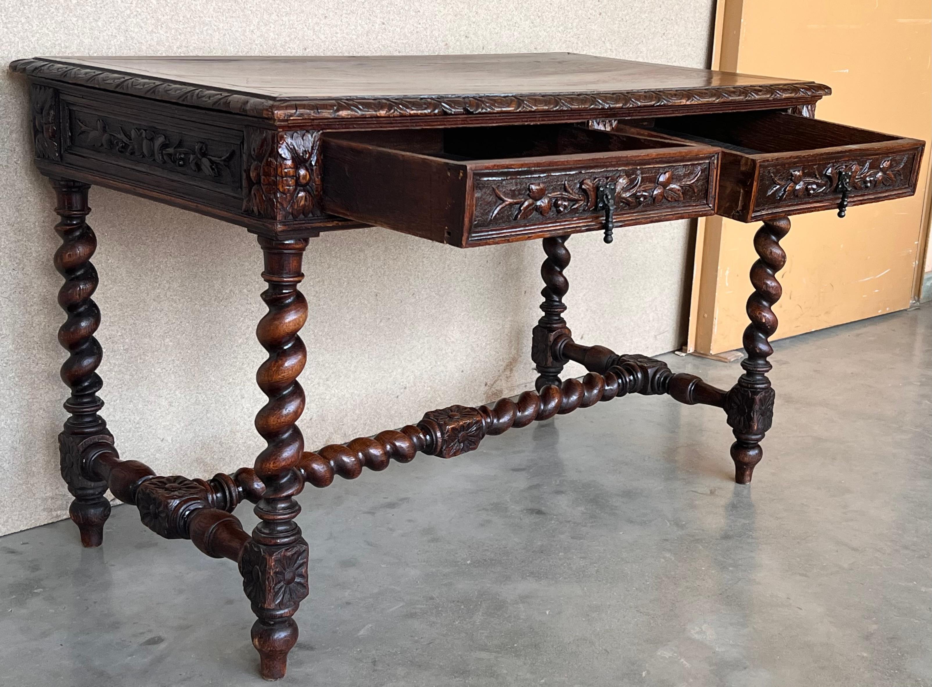 19th Spanish Baroque Walnut Desk Table with Carved Frame and Solomonic Legs 6