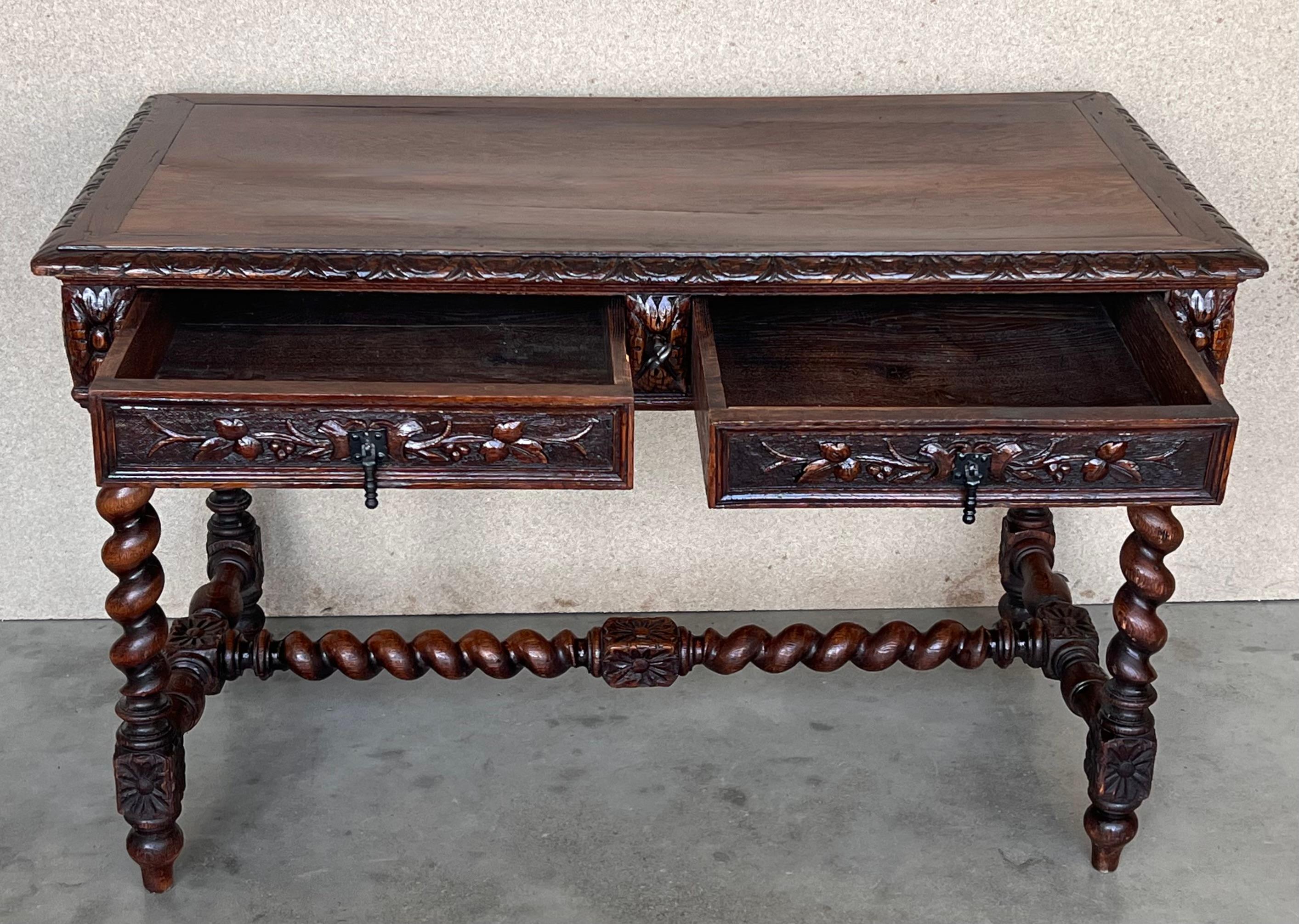 19th Spanish Baroque Walnut Desk Table with Carved Frame and Solomonic Legs 7