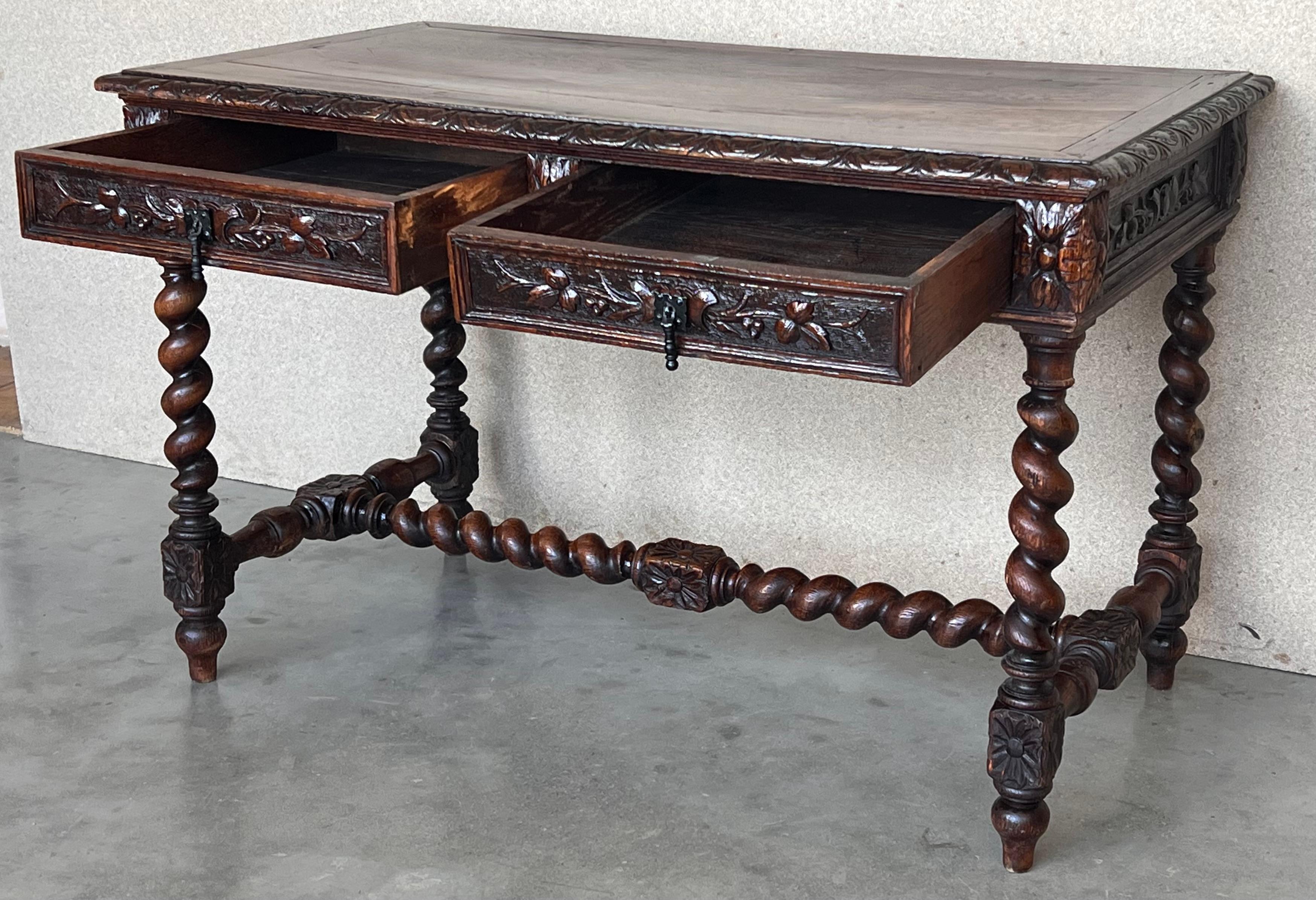 19th Spanish Baroque Walnut Desk Table with Carved Frame and Solomonic Legs 8