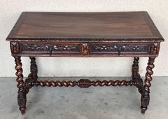 19th Spanish Baroque Walnut Desk Table with Carved Frame and Solomonic Legs
