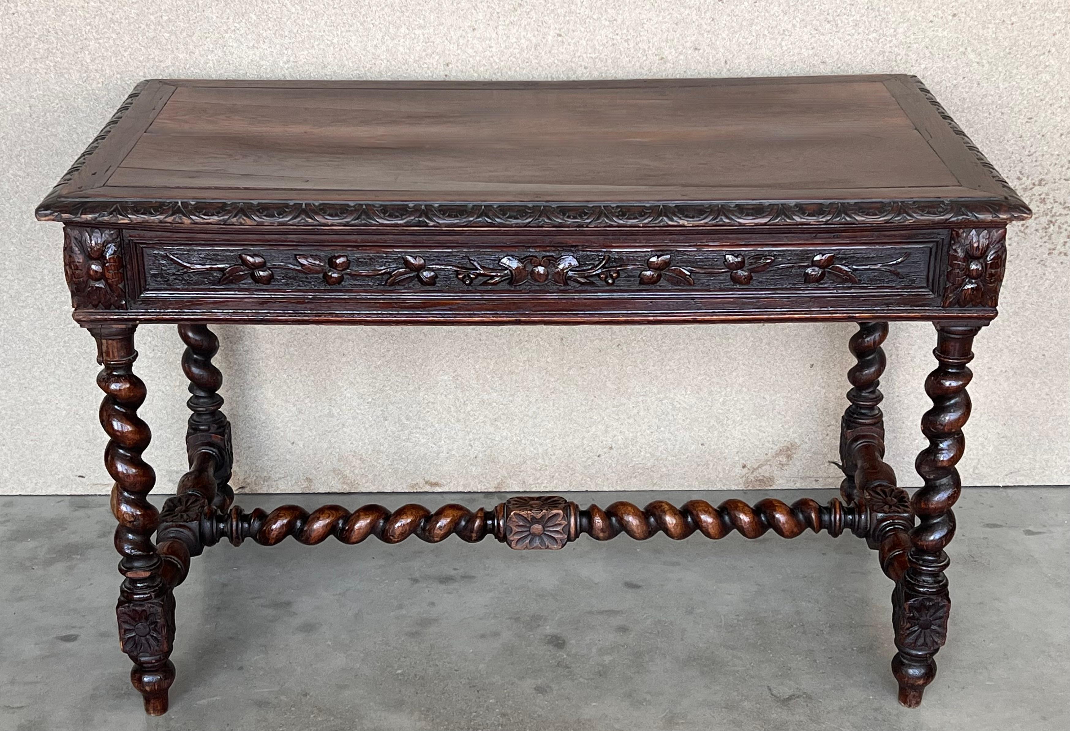 19th Spanish Baroque Walnut Desk Table with Carved Frame and Solomonic Legs In Good Condition In Miami, FL