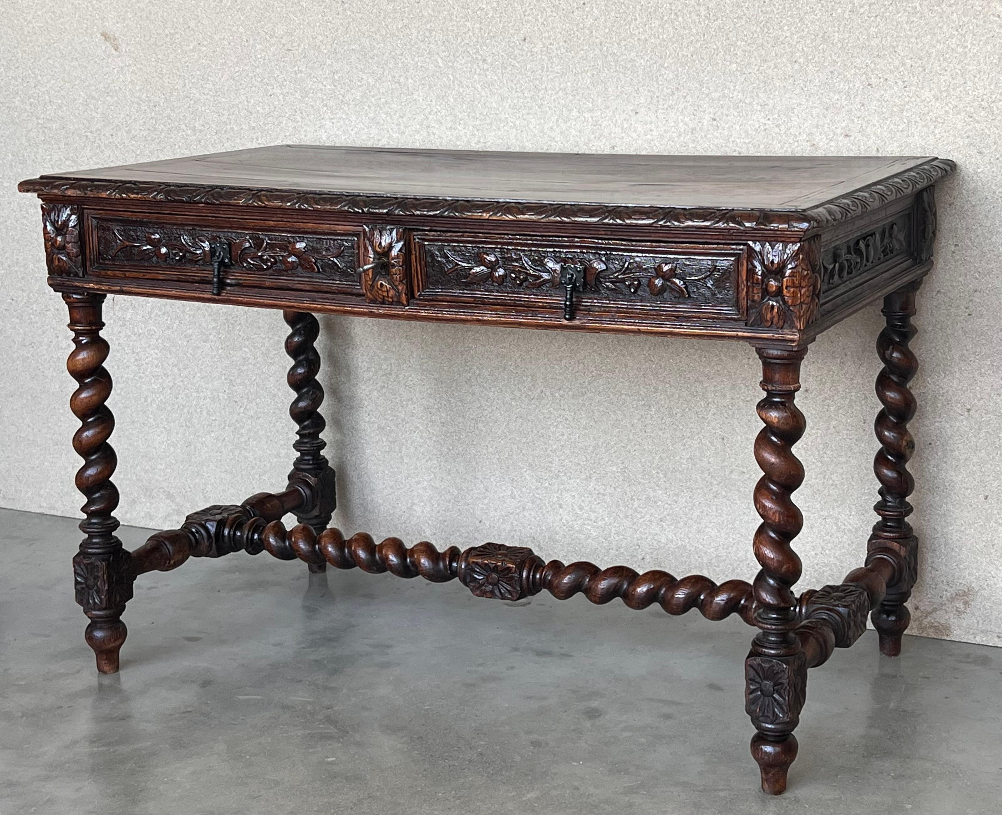 19th Century 19th Spanish Baroque Walnut Desk Table with Carved Frame and Solomonic Legs