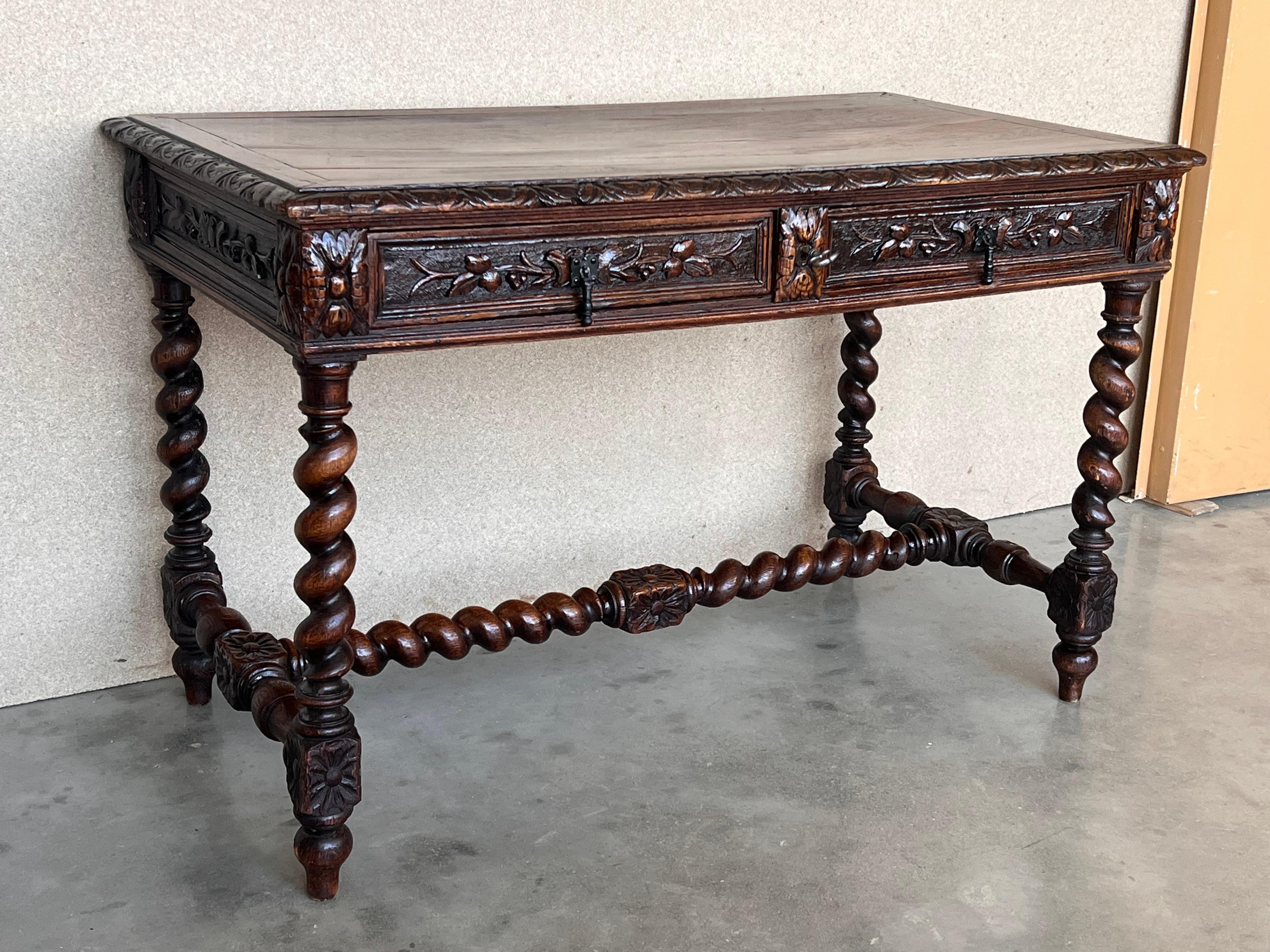 Iron 19th Spanish Baroque Walnut Desk Table with Carved Frame and Solomonic Legs