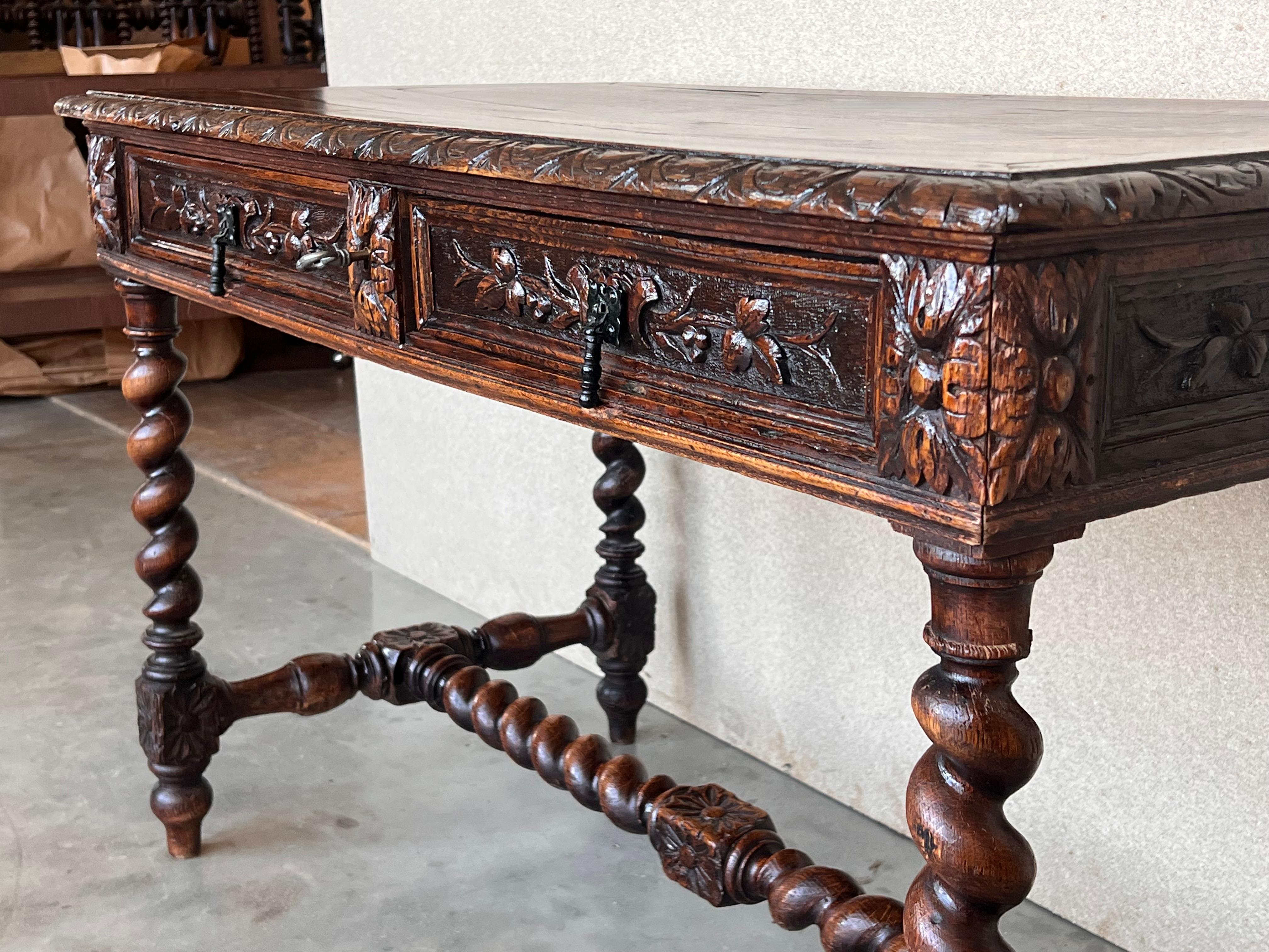 19th Spanish Baroque Walnut Desk Table with Carved Frame and Solomonic Legs 1