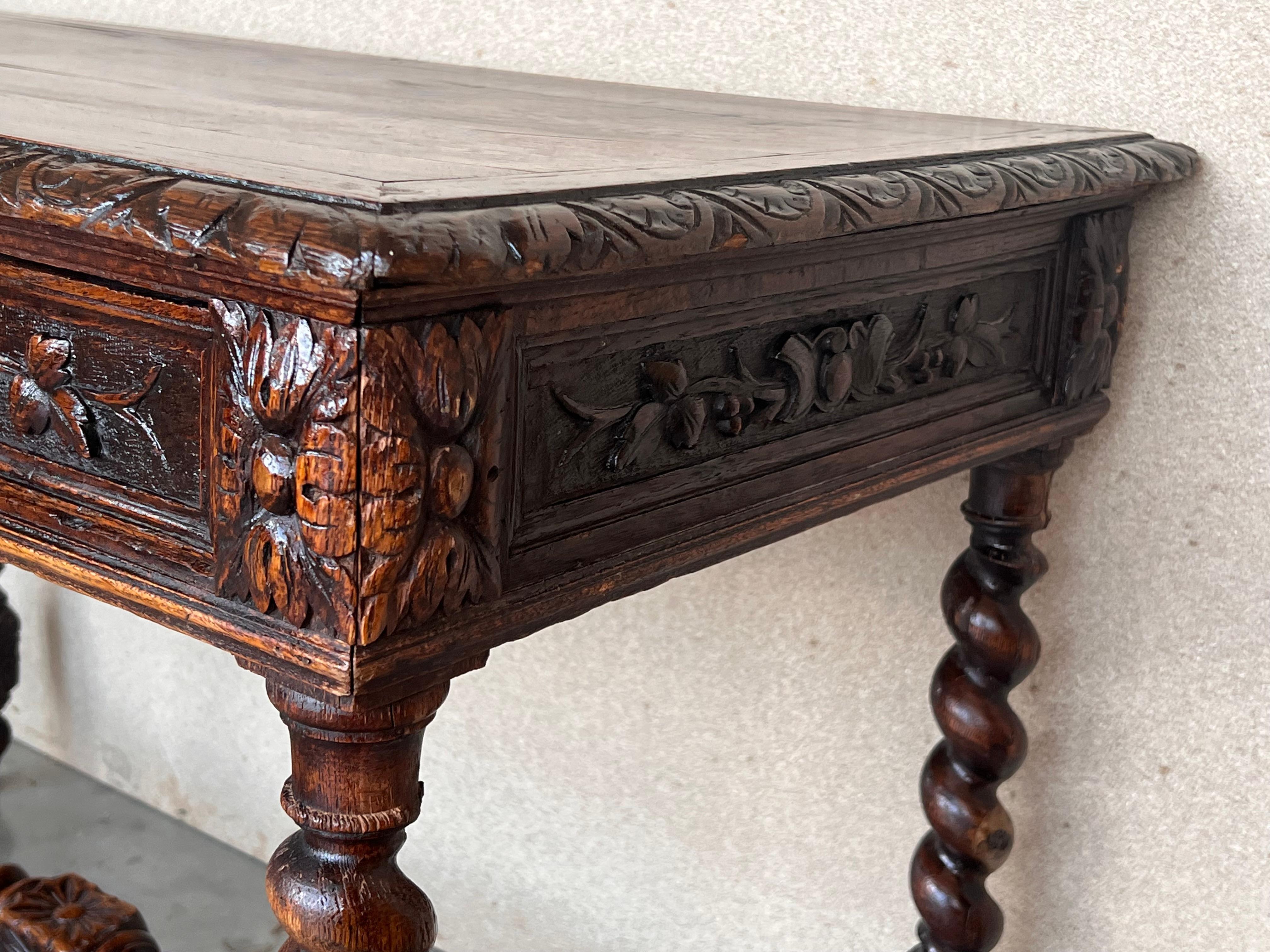 19th Spanish Baroque Walnut Desk Table with Carved Frame and Solomonic Legs 2