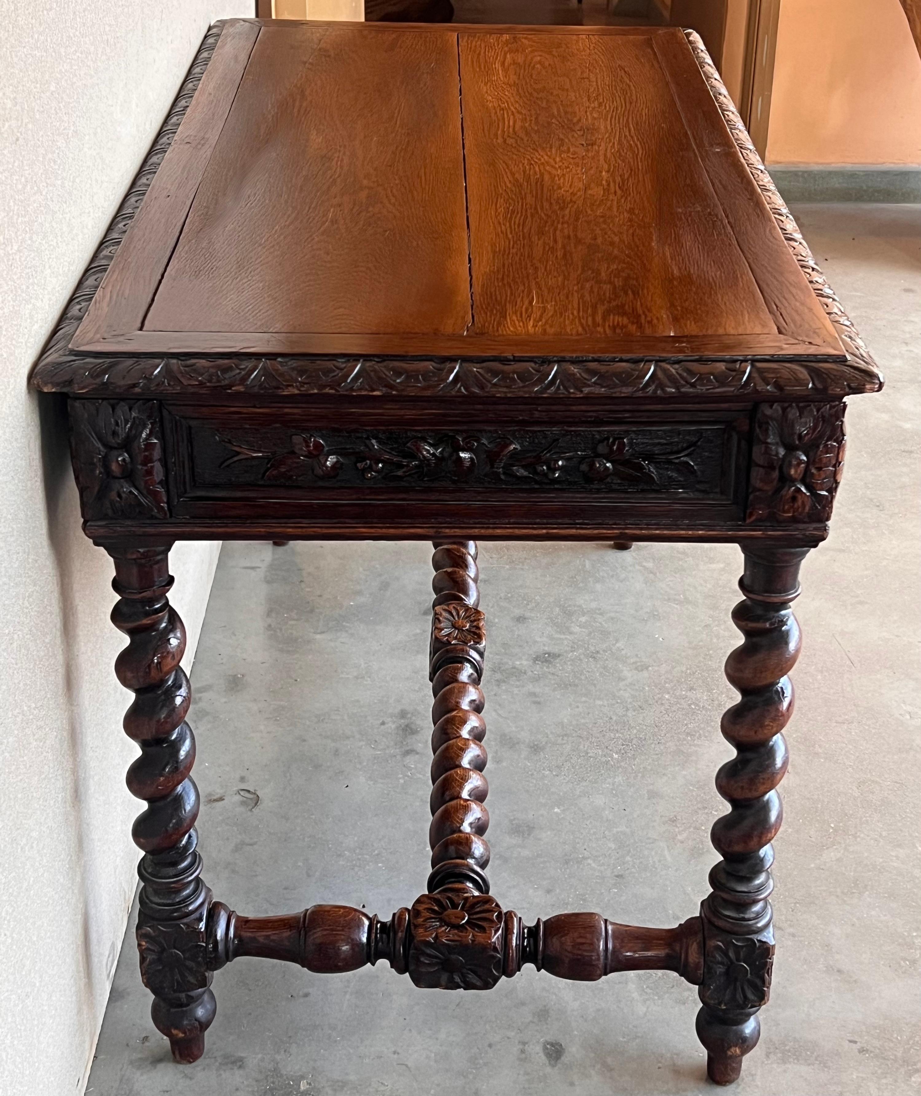 19th Spanish Baroque Walnut Desk Table with Carved Frame and Solomonic Legs 4