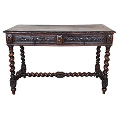 19th Spanish Baroque Walnut Desk Table with Carved Frame and Solomonic Legs