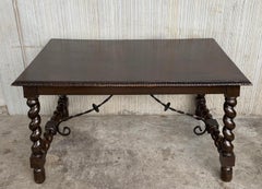 19th Spanish Baroque Walnut Solomonic Leg Fratino Table with Iron Stretcher