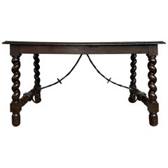 Antique 19th Spanish Baroque Walnut Solomonic Leg Fratino Table with Iron Stretcher