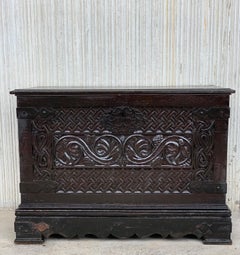 19th Spanish Baroque Walnut Trunk with Handcarved Decoration