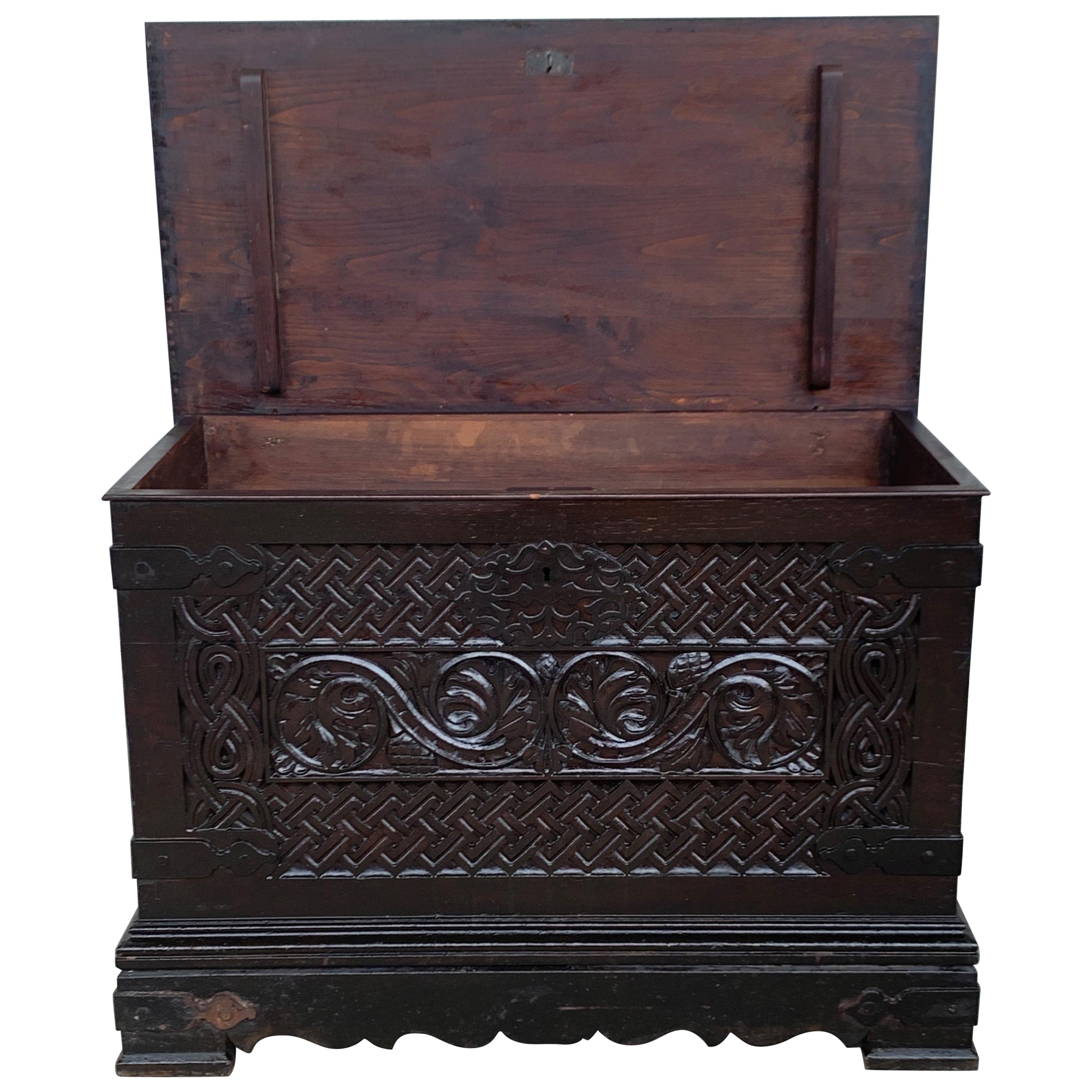 19th Spanish Baroque Walnut Trunk with Handcarved Decoration For Sale