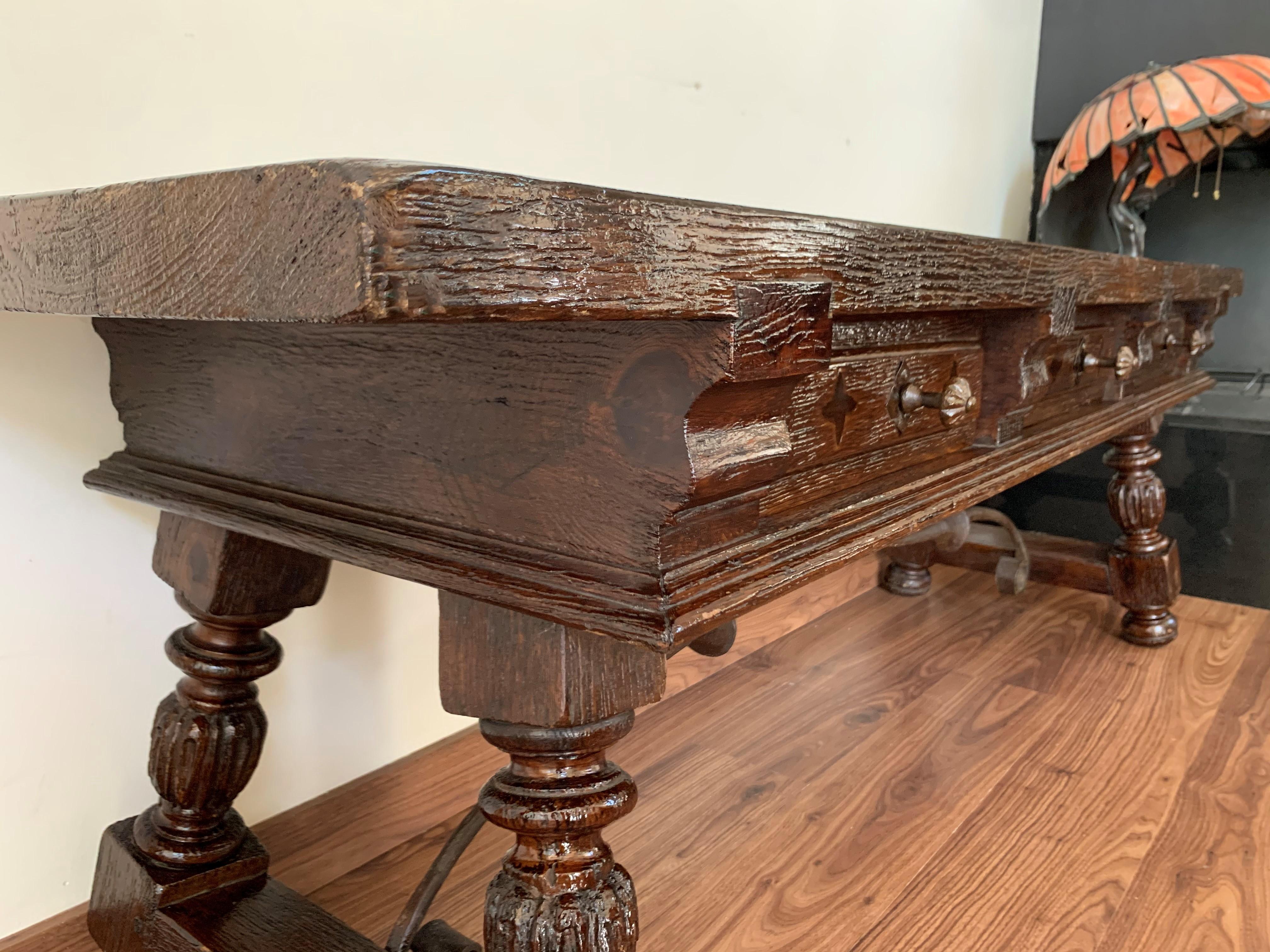 Spanish Bench or Low Console Table with Marquetry Drawers and Iron Stretcher 3