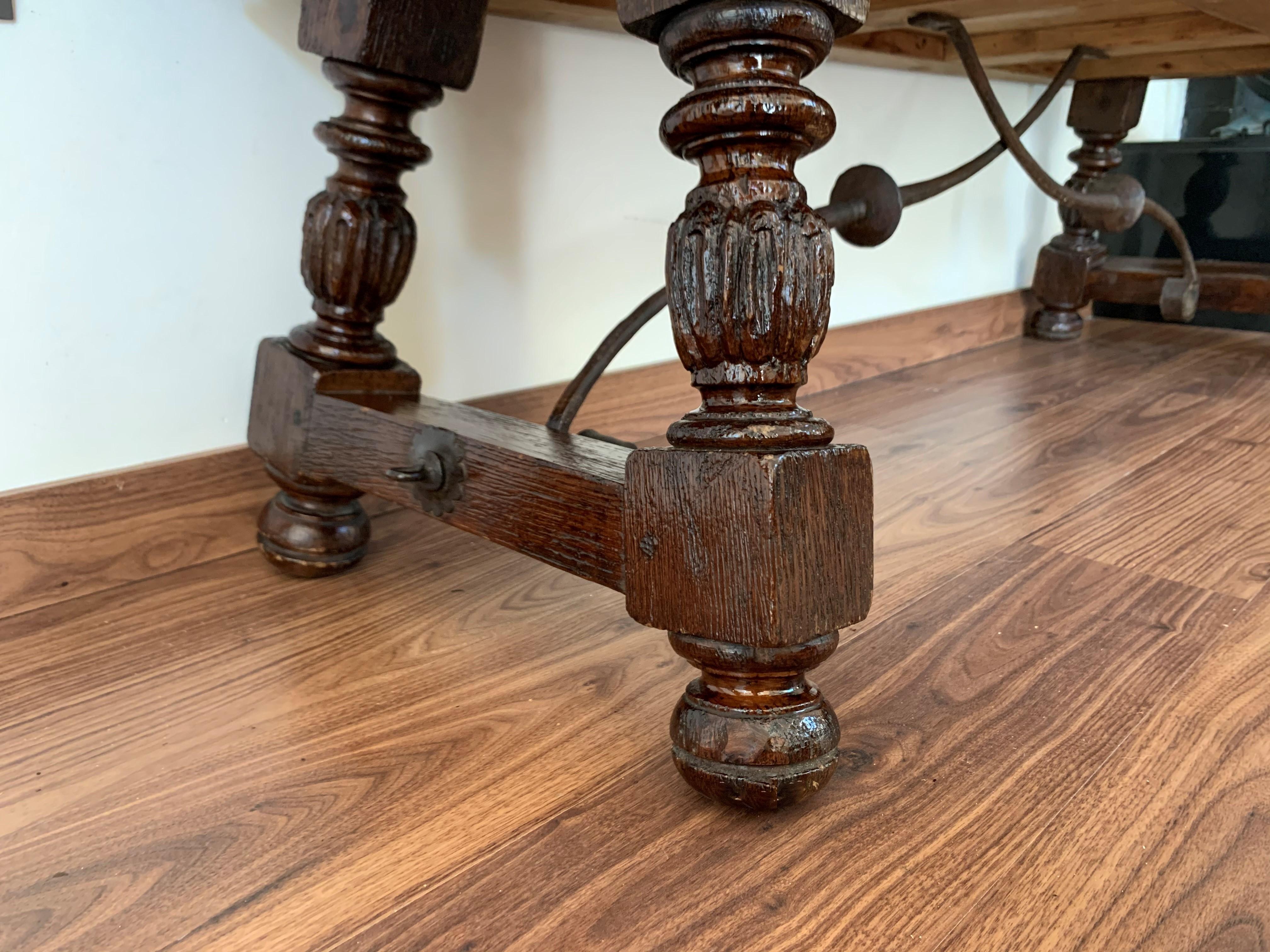 Spanish Bench or Low Console Table with Marquetry Drawers and Iron Stretcher 4