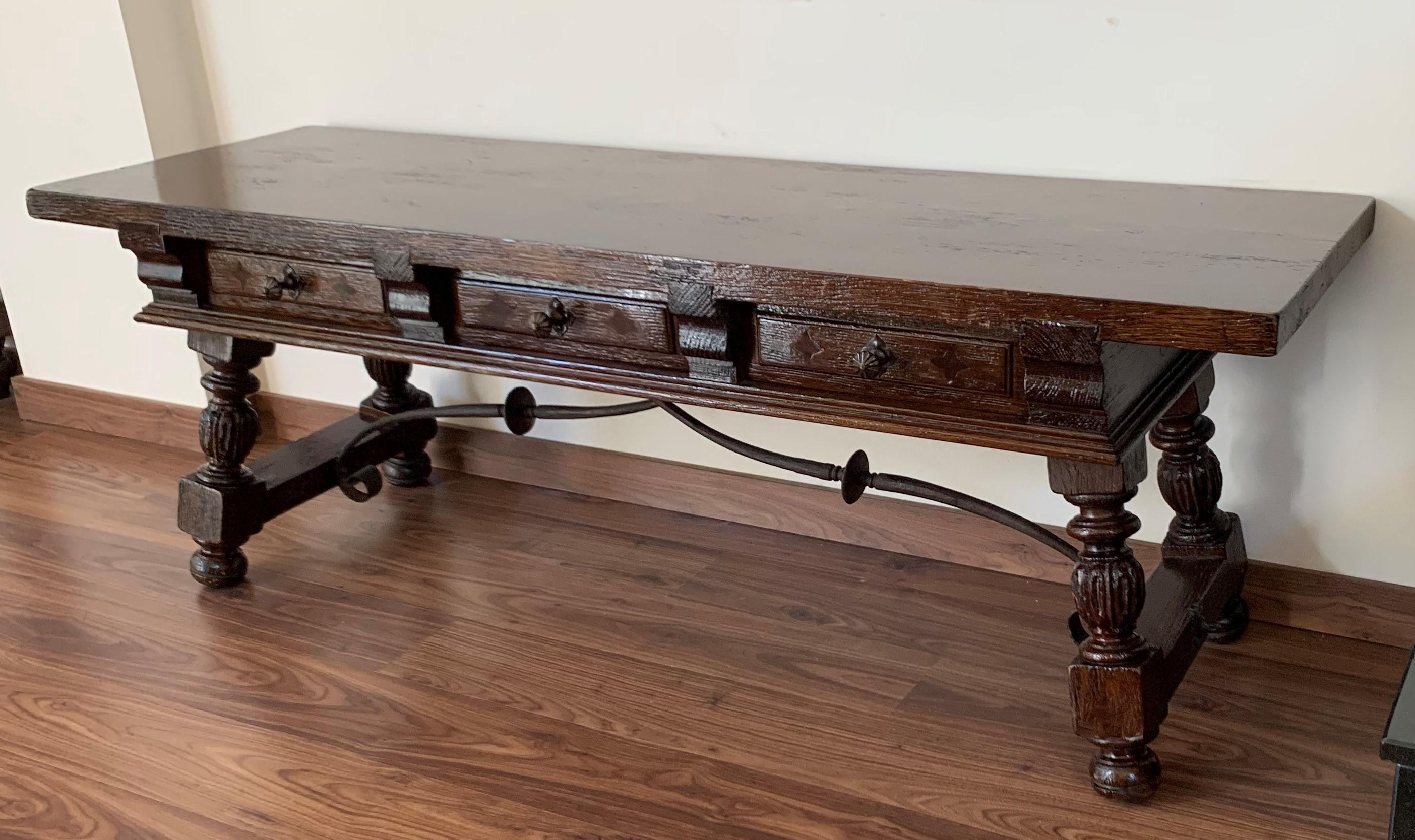 Baroque Spanish Bench or Low Console Table with Marquetry Drawers and Iron Stretcher