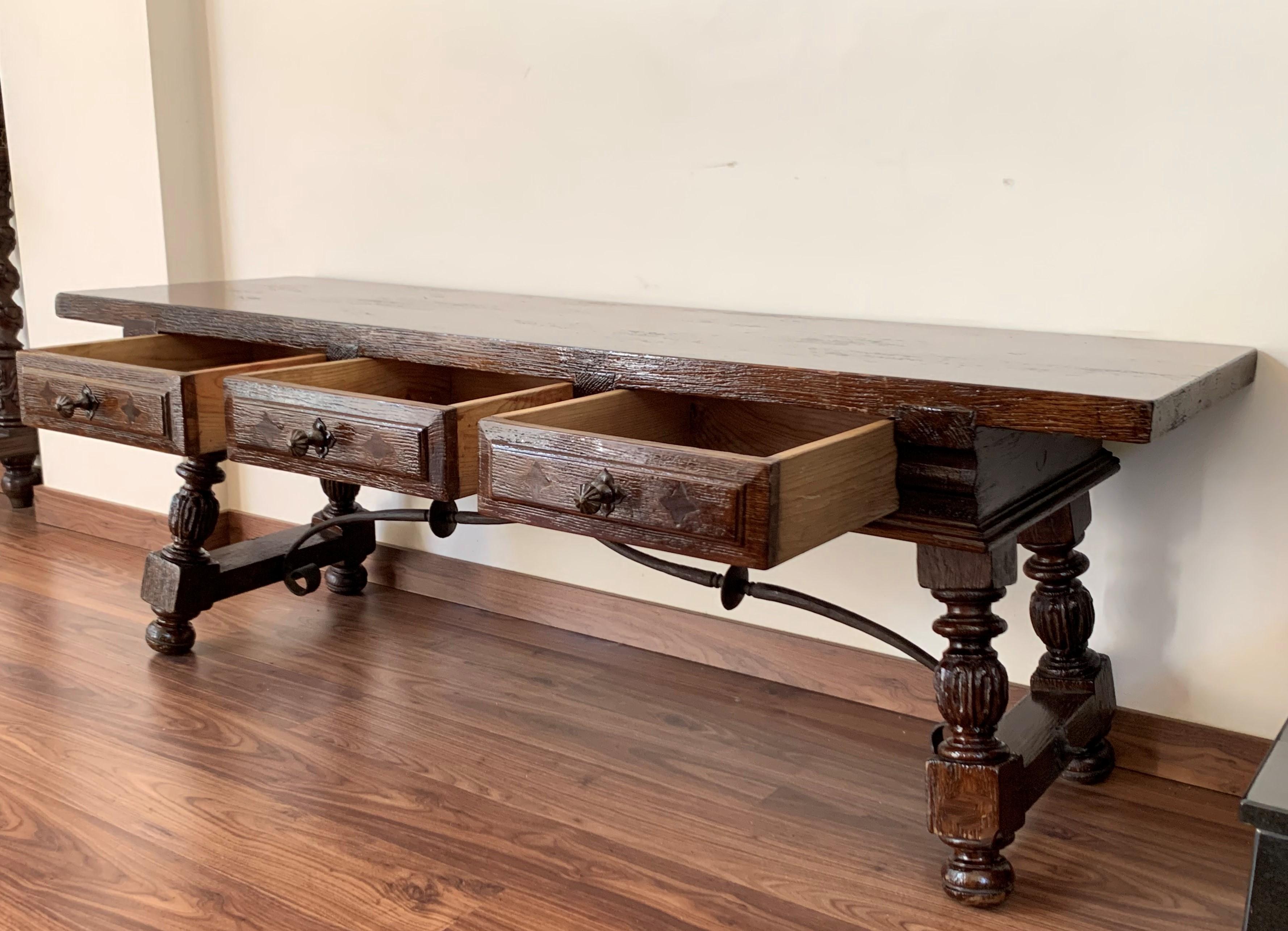 Spanish Bench or Low Console Table with Marquetry Drawers and Iron Stretcher In Good Condition In Miami, FL