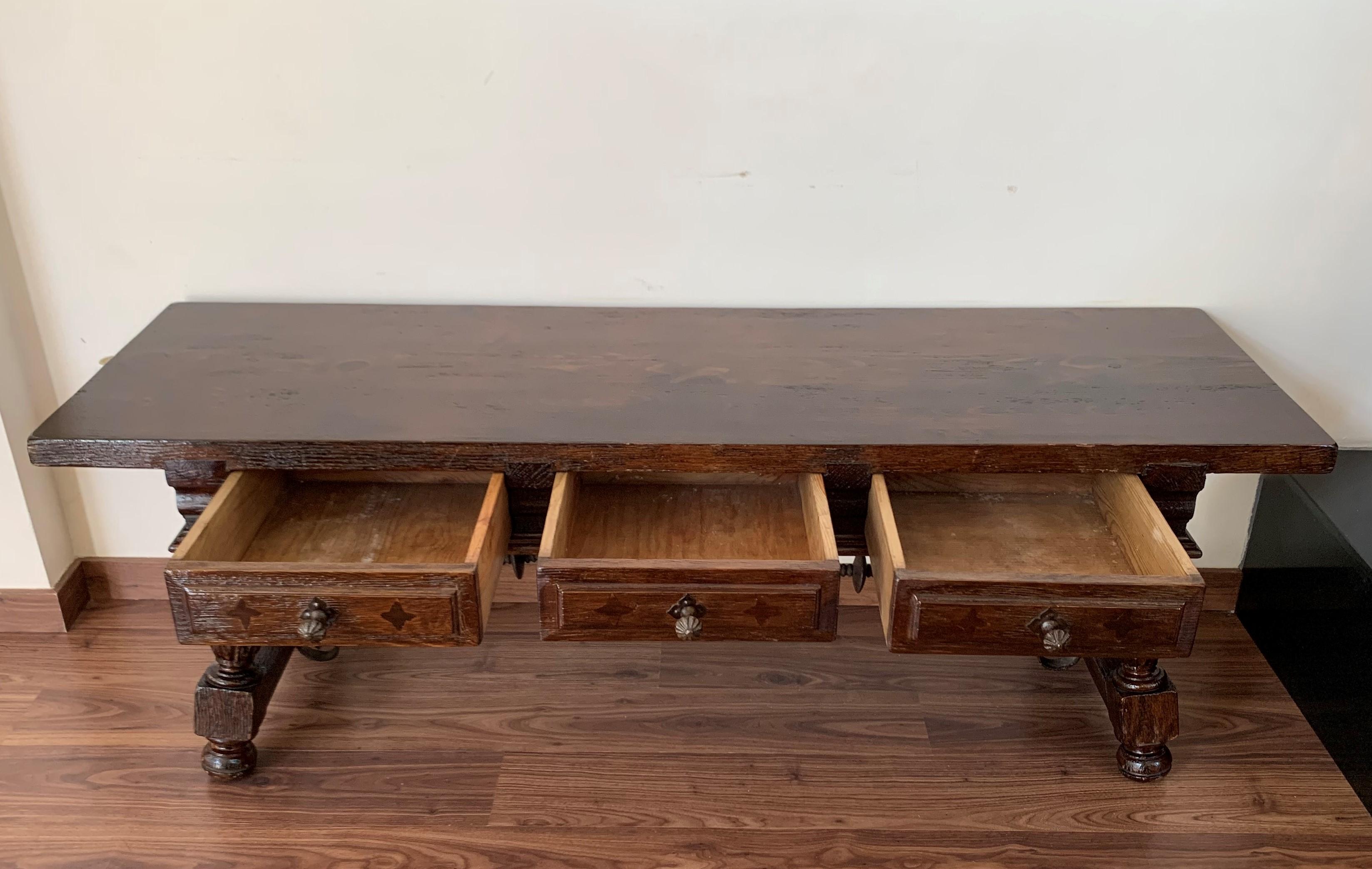 19th Century Spanish Bench or Low Console Table with Marquetry Drawers and Iron Stretcher