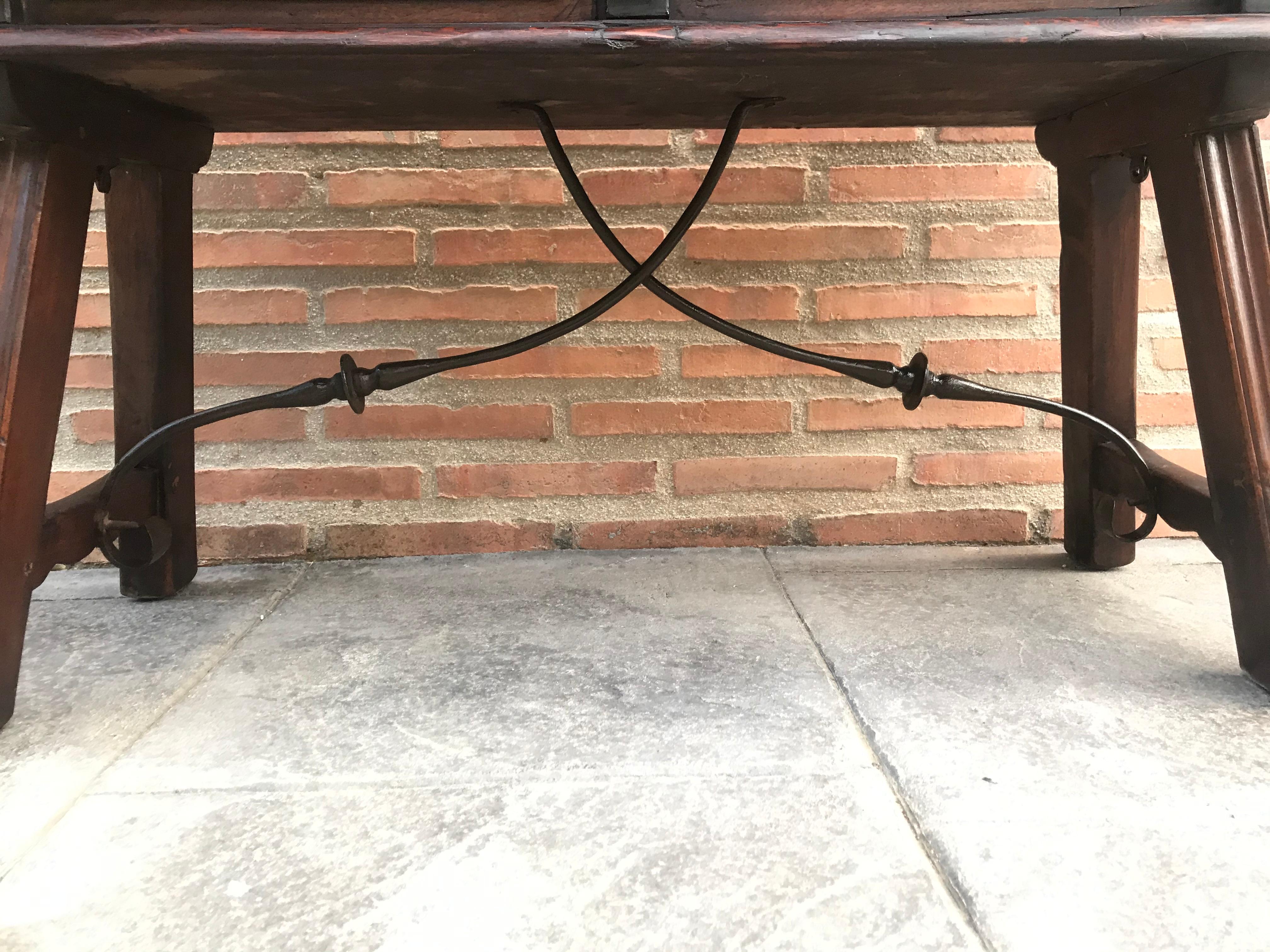 Spanish Bench or Low Console Table with Two Drawers and Iron Stretcher 2