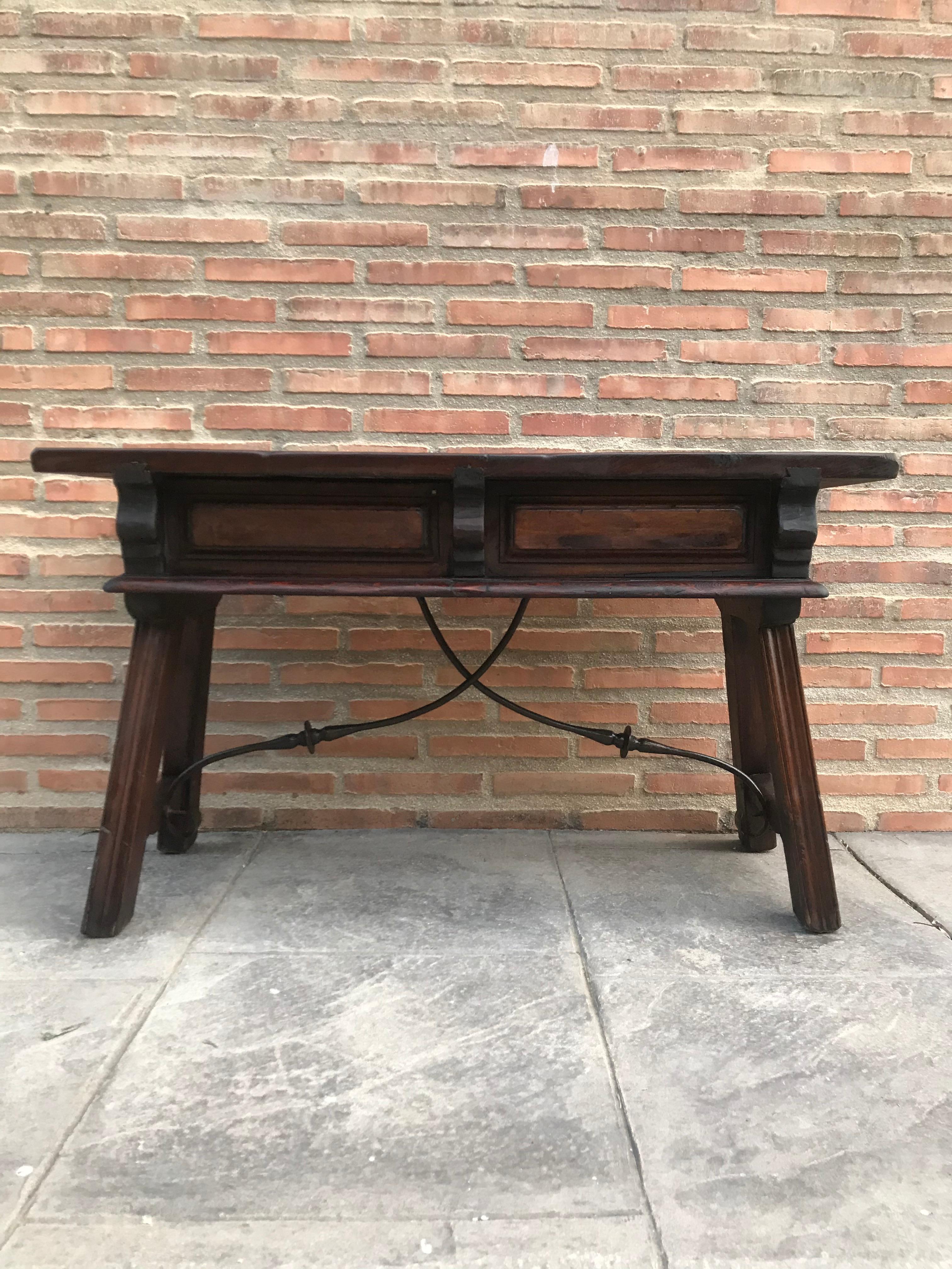 19th century Spanish bench or low console table with two drawers
Original iron pull hardware and iron stretcher.
 