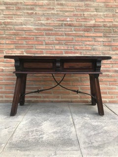 Spanish Bench or Low Console Table with Two Drawers and Iron Stretcher