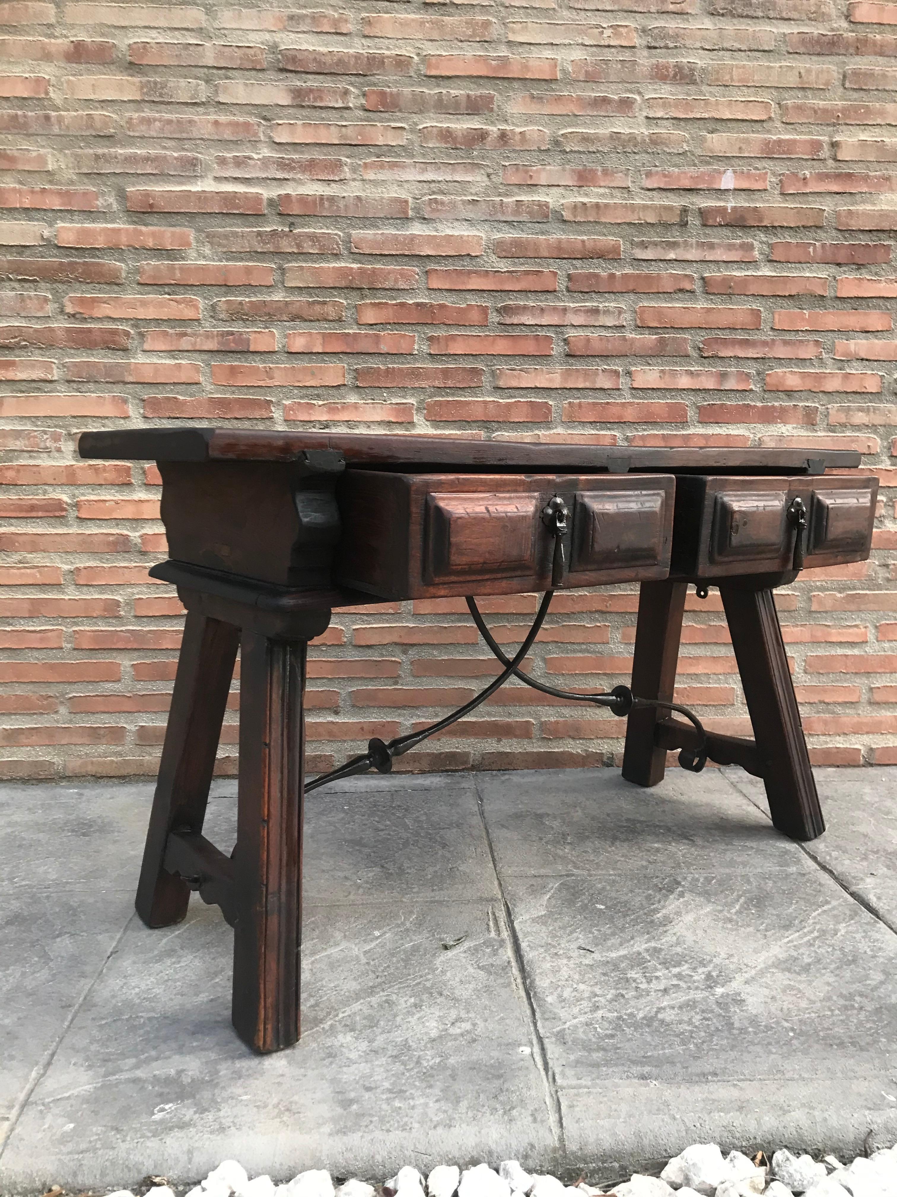 Baroque Spanish Bench or Low Console Table with Two Drawers and Iron Stretcher