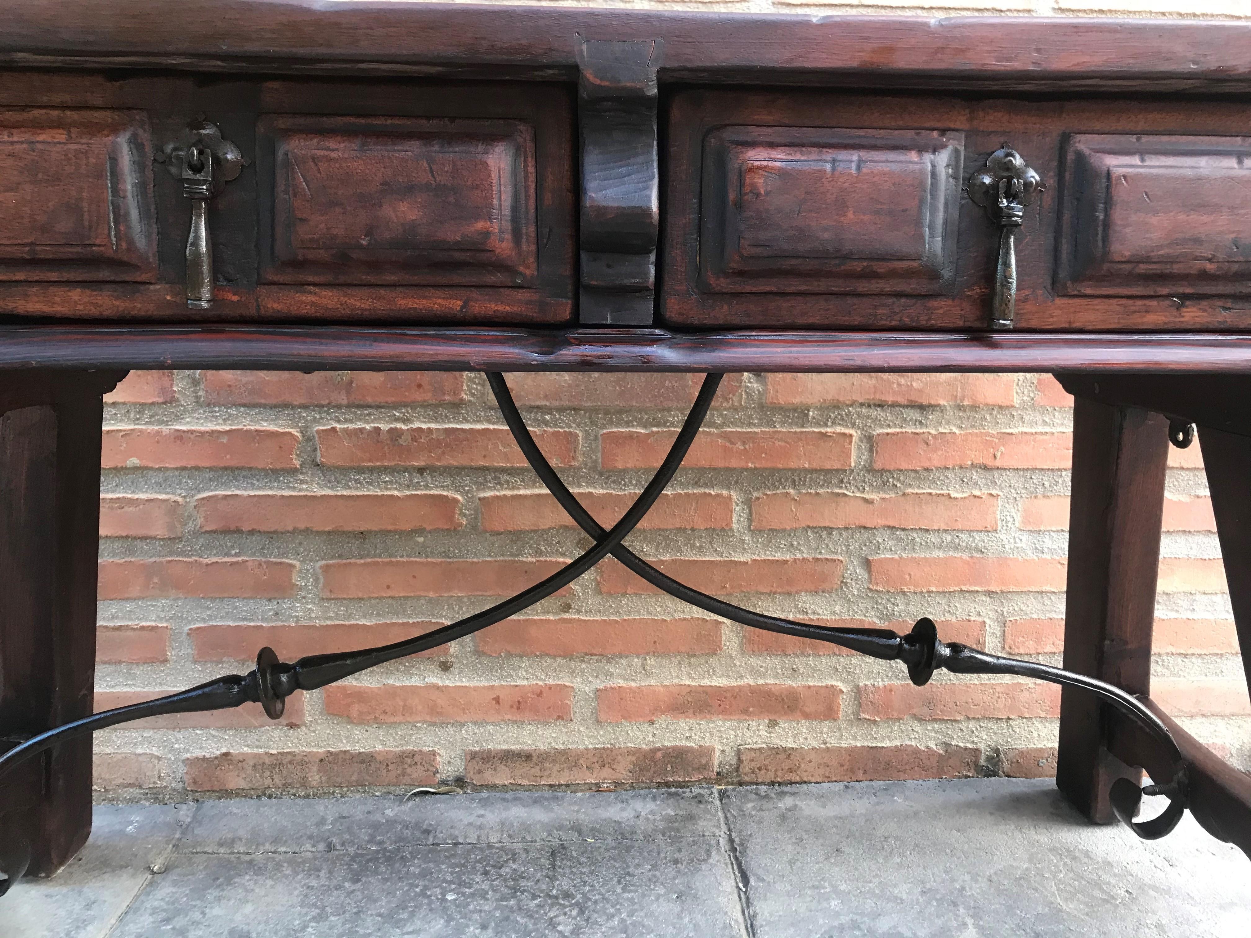 Spanish Bench or Low Console Table with Two Drawers and Iron Stretcher 1