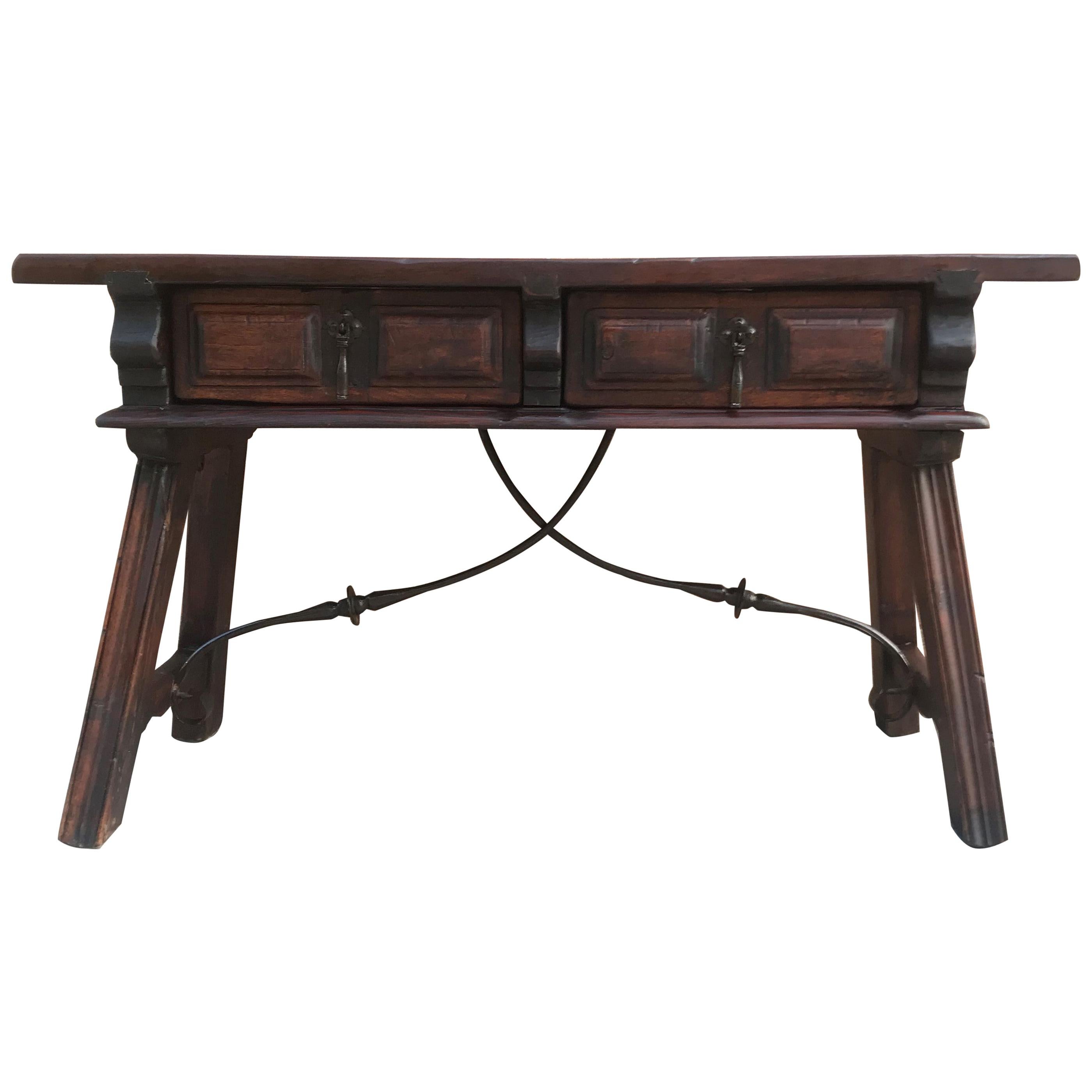Spanish Bench or Low Console Table with Two Drawers and Iron Stretcher