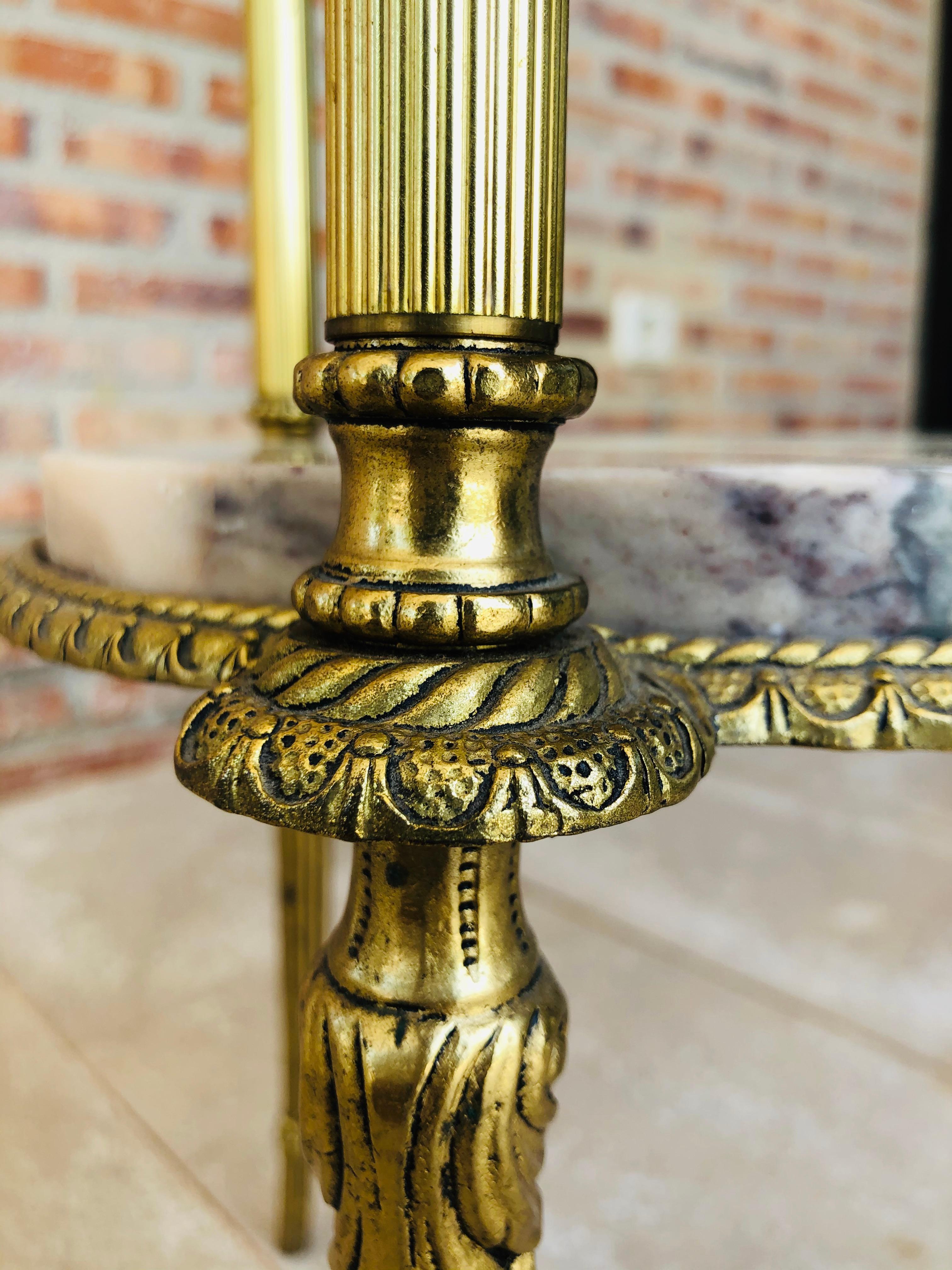 19th Century Spanish Bronze and Brass Gilded Side Table with White Marbles Top For Sale 6