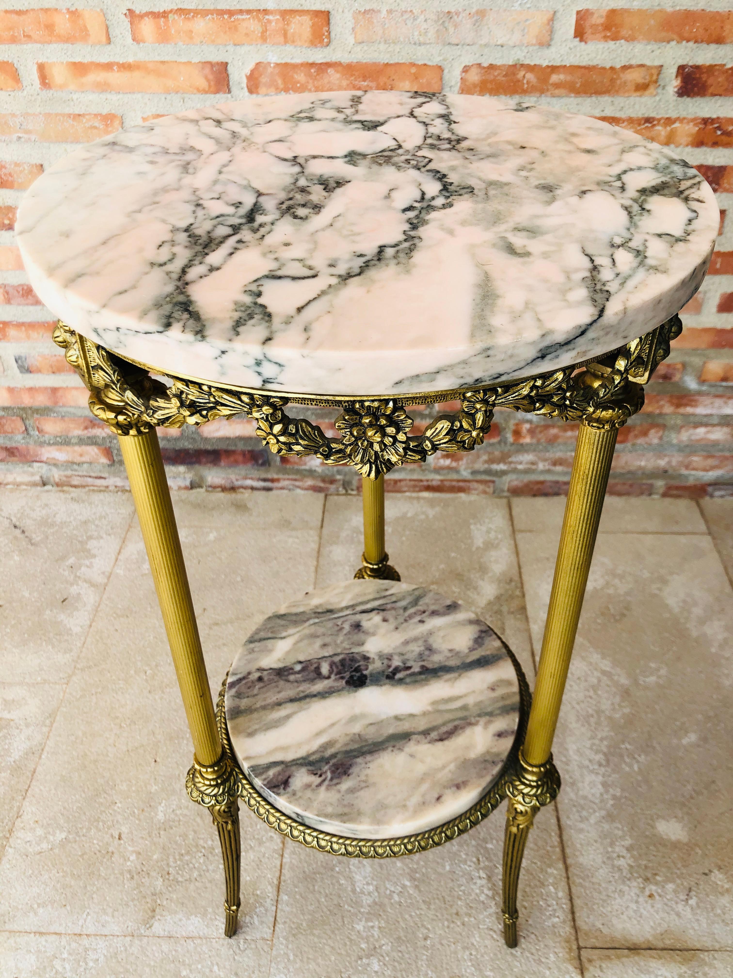 French Provincial 19th Spanish Bronze and Brass Gilted Side Table with White Marbles Top