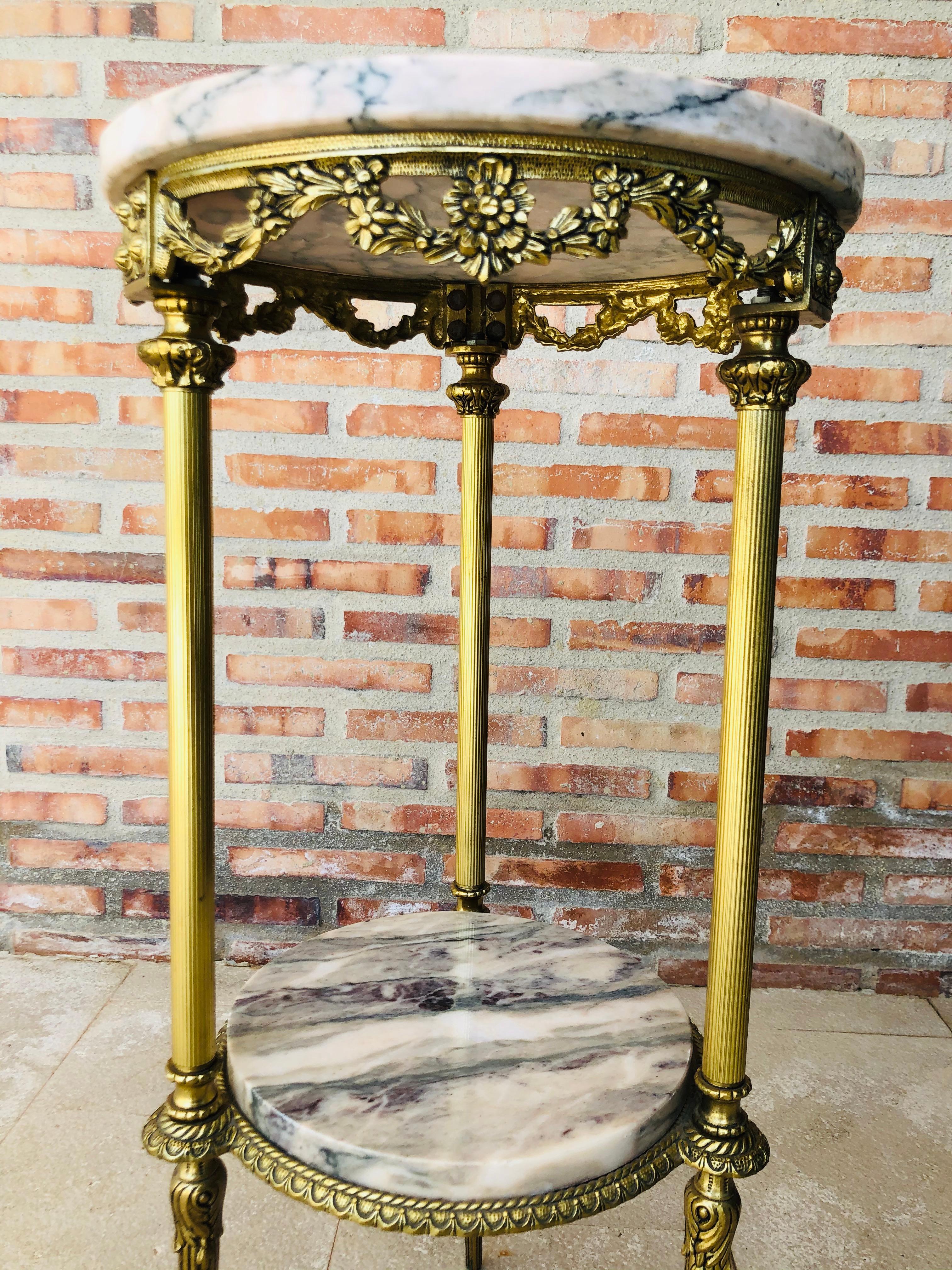 19th Spanish Bronze and Brass Gilted Side Table with White Marbles Top In Good Condition In Miami, FL