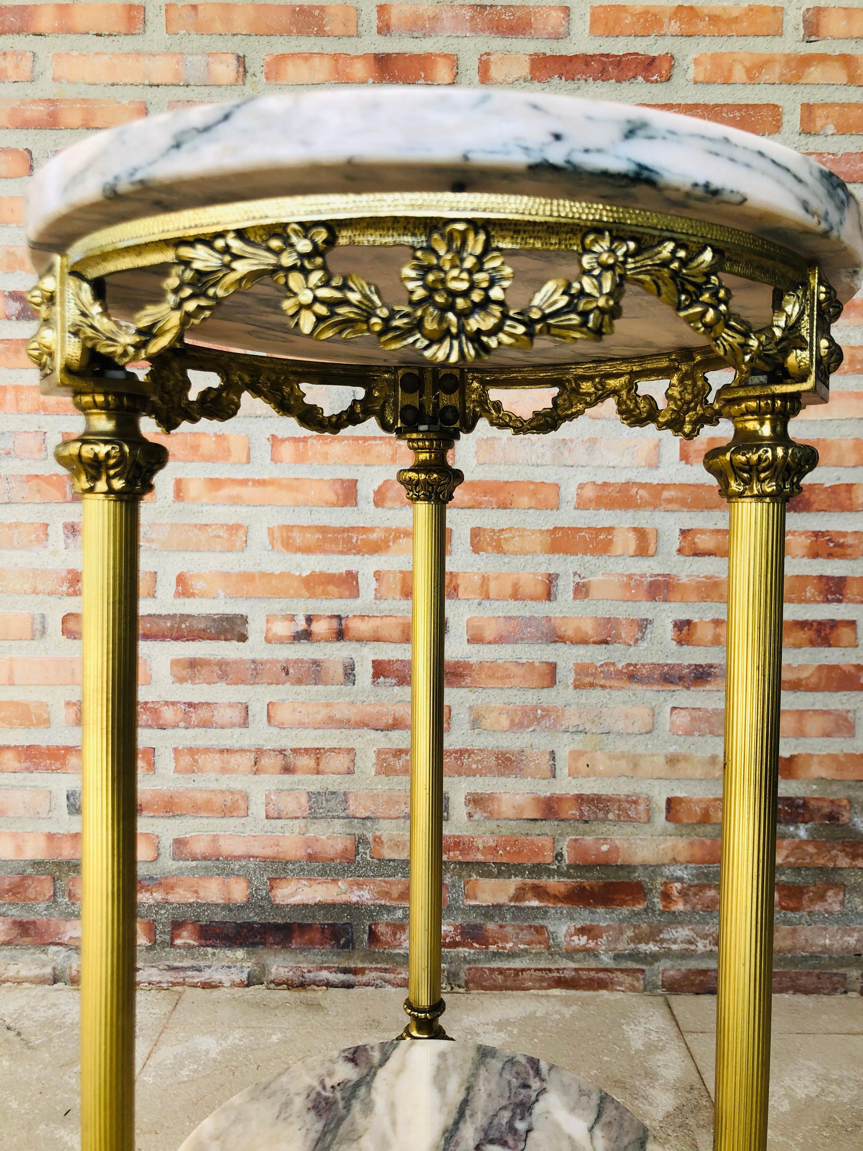 19th Century 19th Spanish Bronze and Brass Gilted Side Table with White Marbles Top