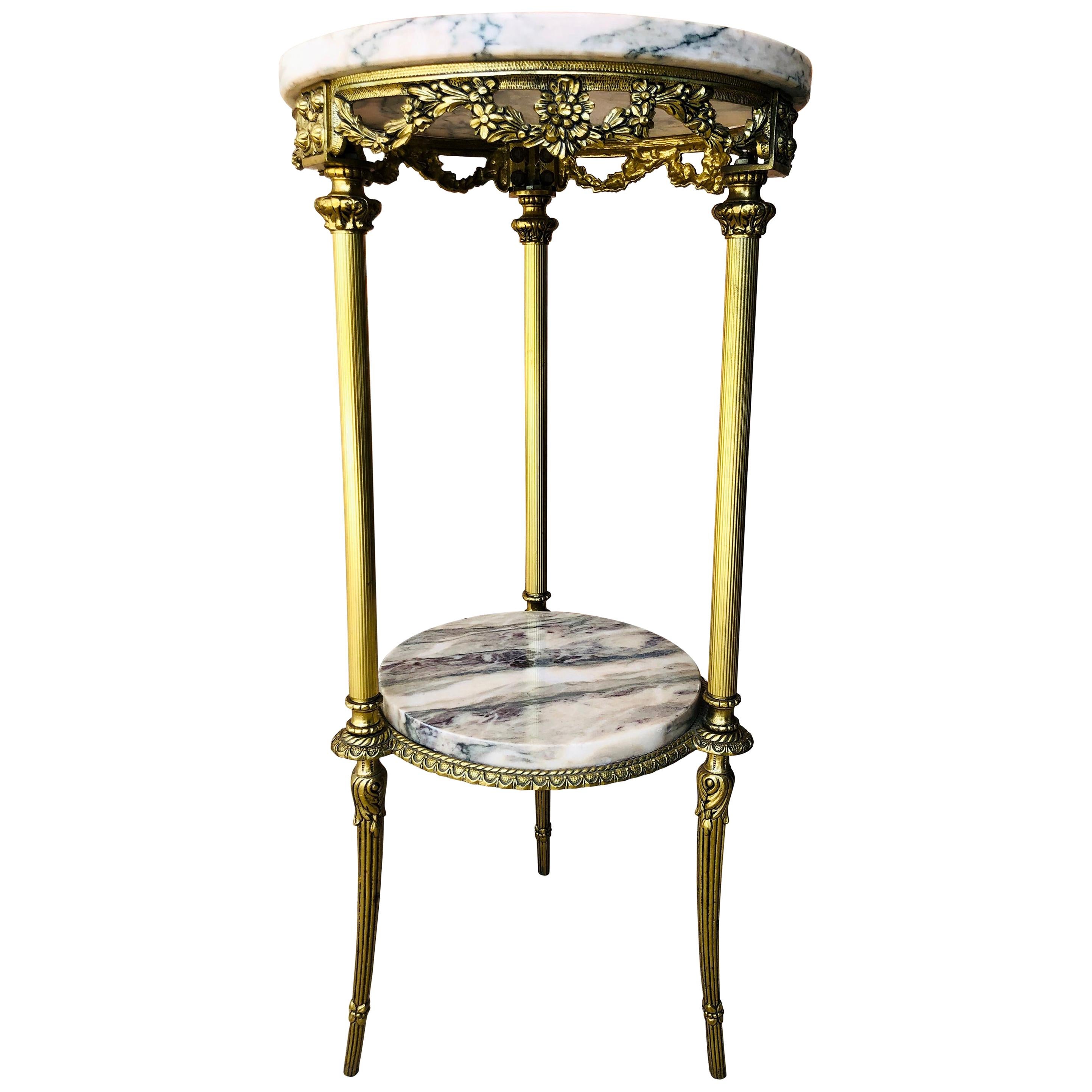 19th Century Spanish Bronze and Brass Gilded Side Table with White Marbles Top