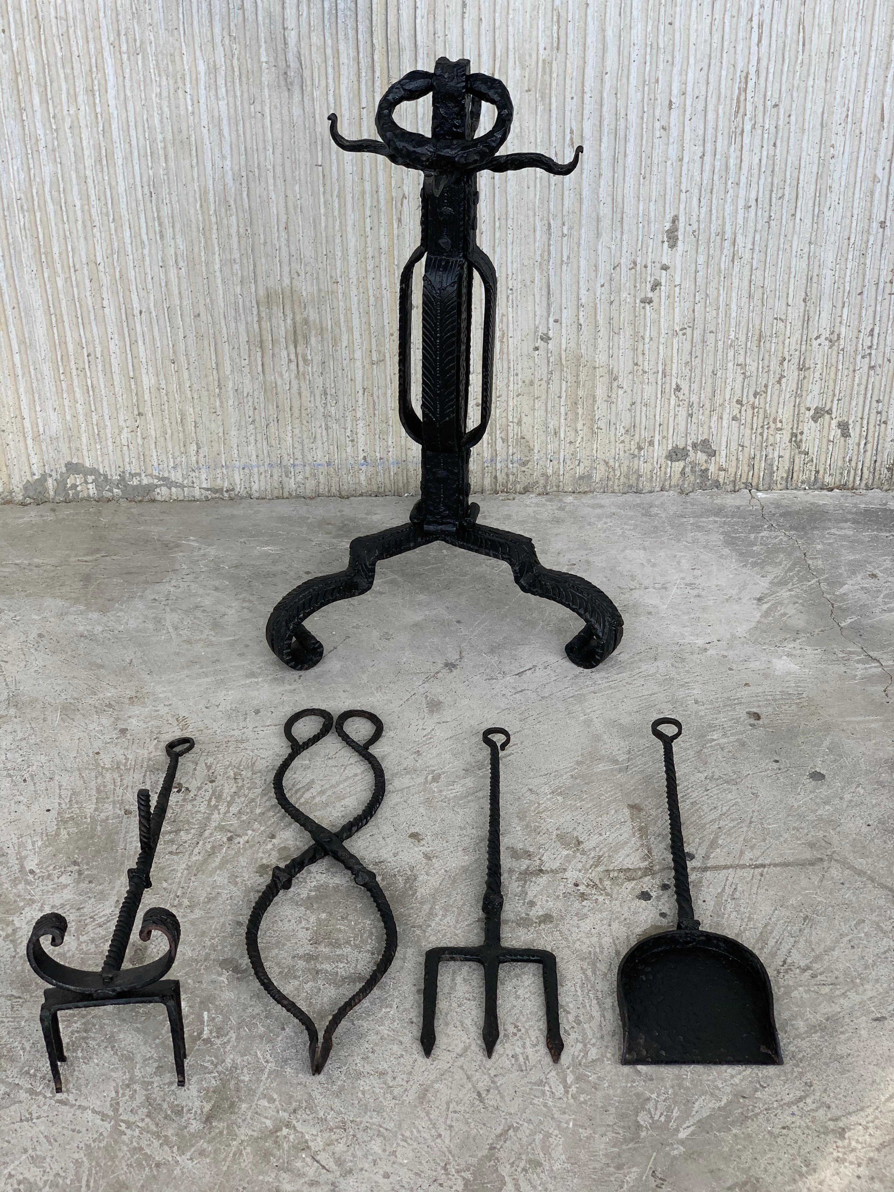 Baroque 19th Century Spanish Brutalist Handwrought Iron Fireplace Tool Set