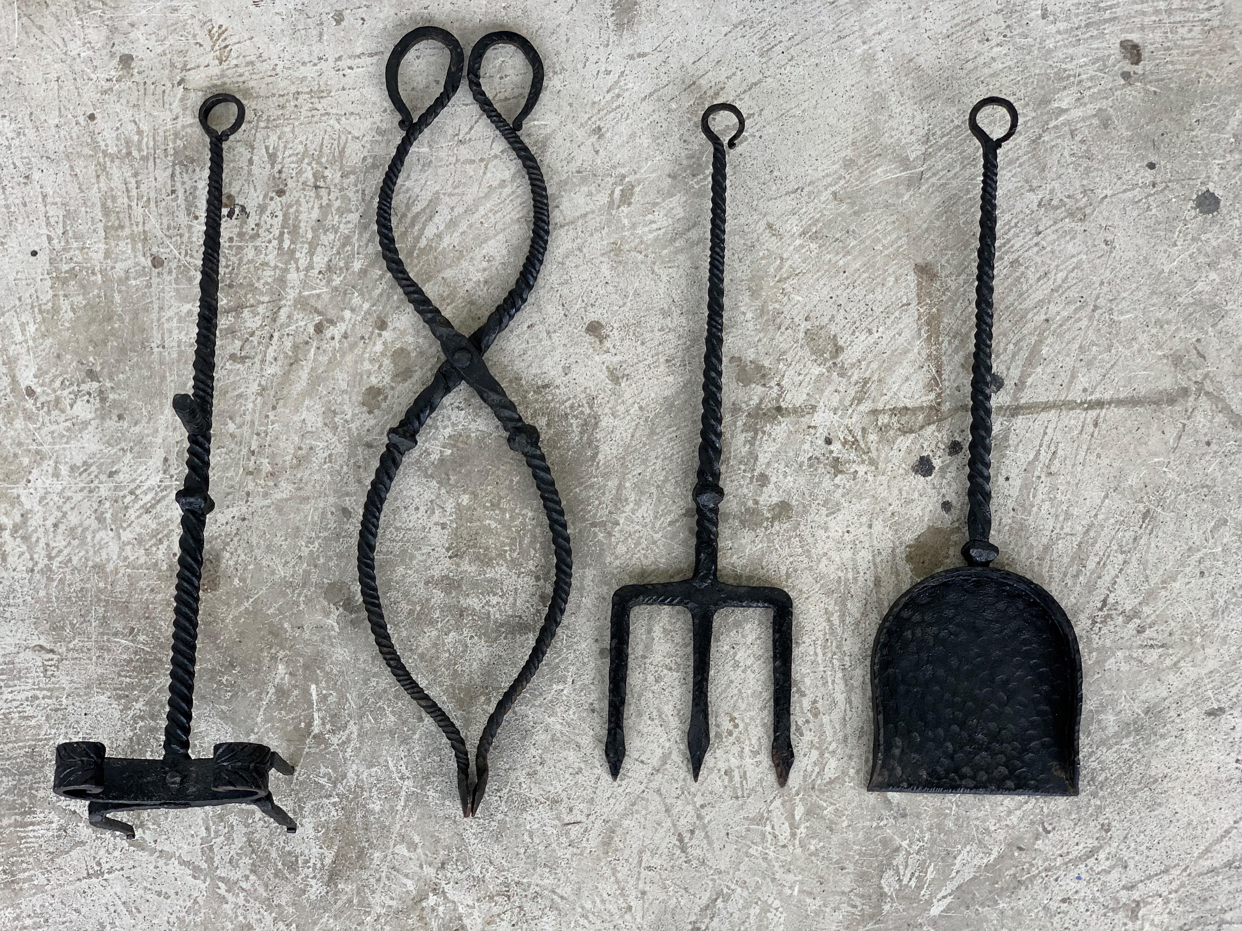 19th Century Spanish Brutalist Handwrought Iron Fireplace Tool Set 1