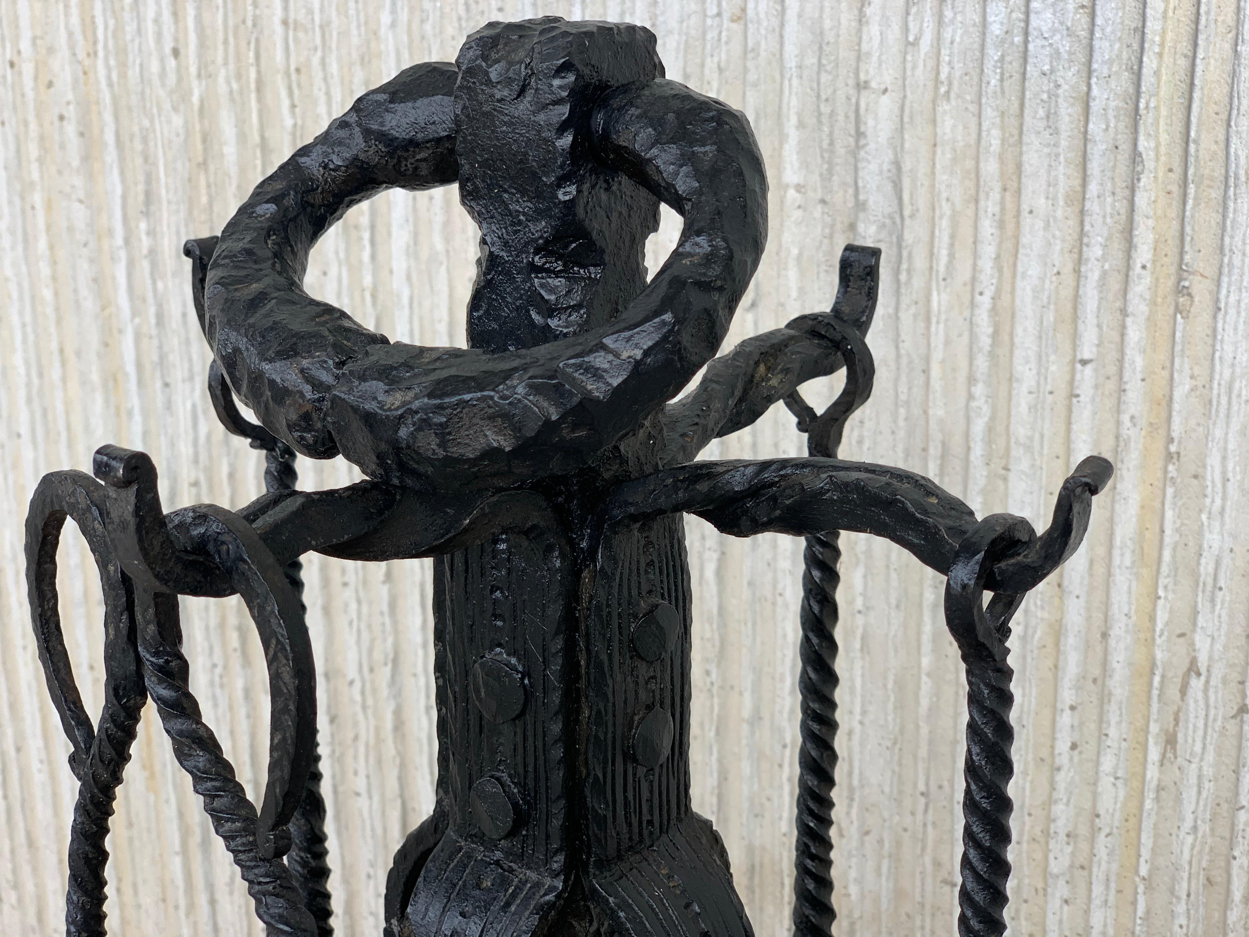 19th Century Spanish Brutalist Handwrought Iron Fireplace Tool Set 3