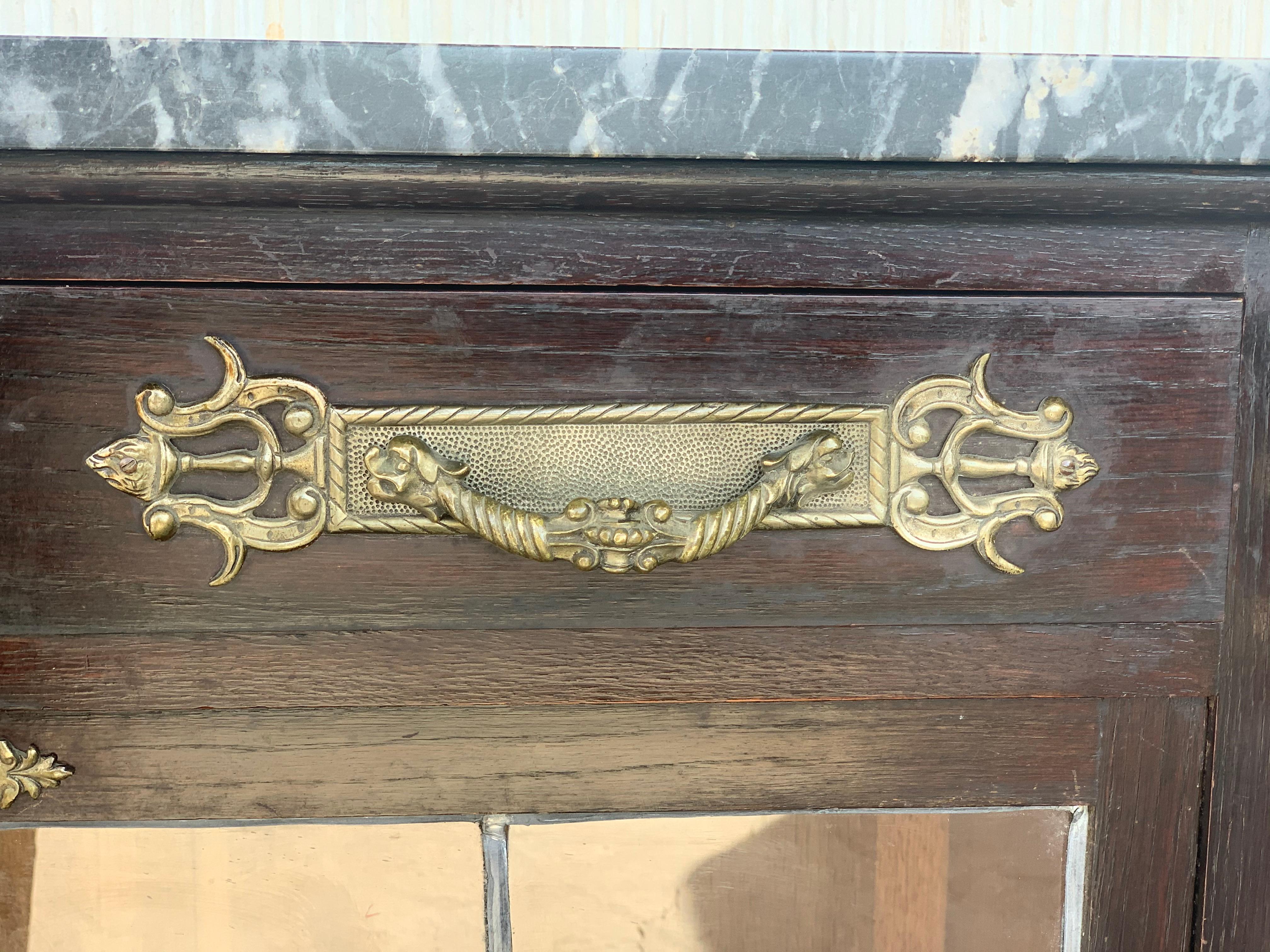 Spanish Buffet, Cupboard in Walnut and Top Marble with Bronze Decorations 6