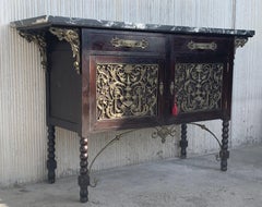 19th Spanish Buffet, Cupboard in Walnut and Top Marble with Bronze Decorations