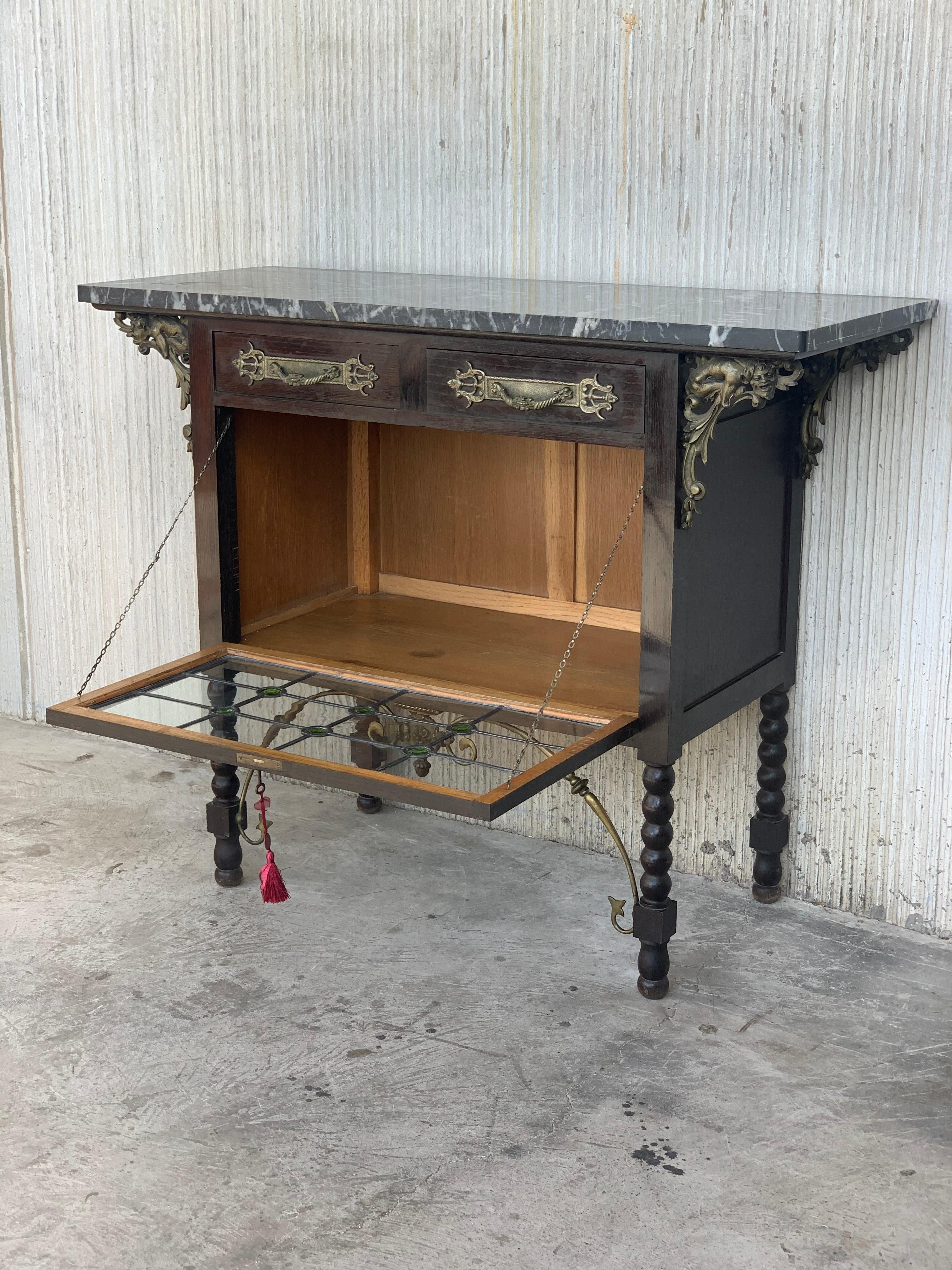 Spanish Colonial Spanish Buffet, Cupboard in Walnut and Top Marble with Bronze Decorations