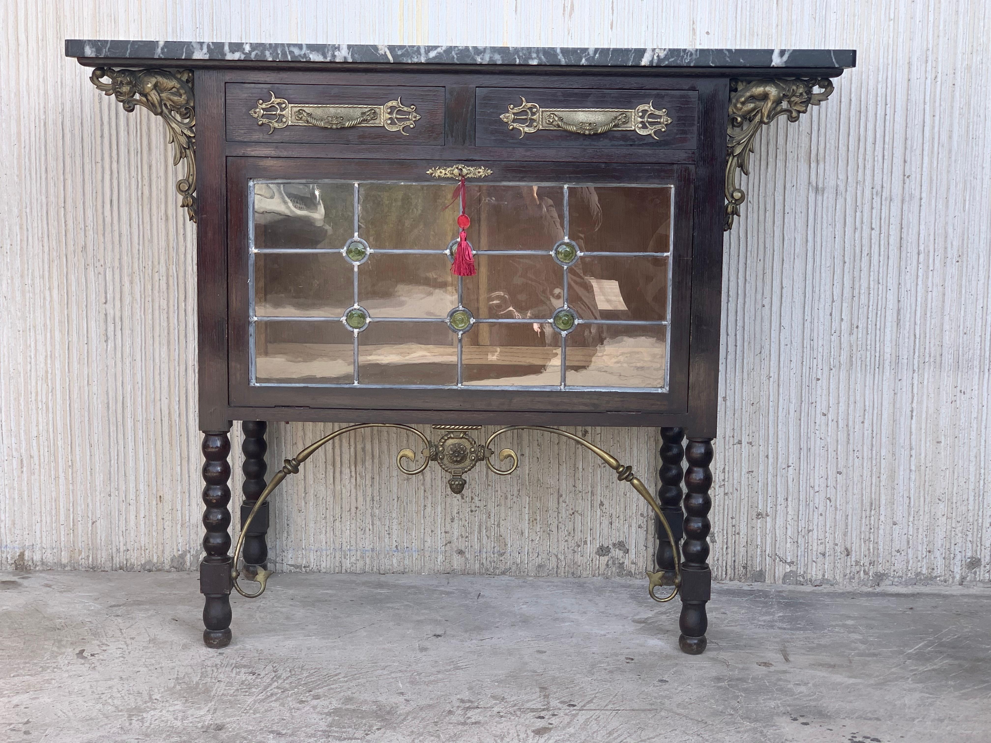 Spanish Buffet, Cupboard in Walnut and Top Marble with Bronze Decorations In Good Condition In Miami, FL