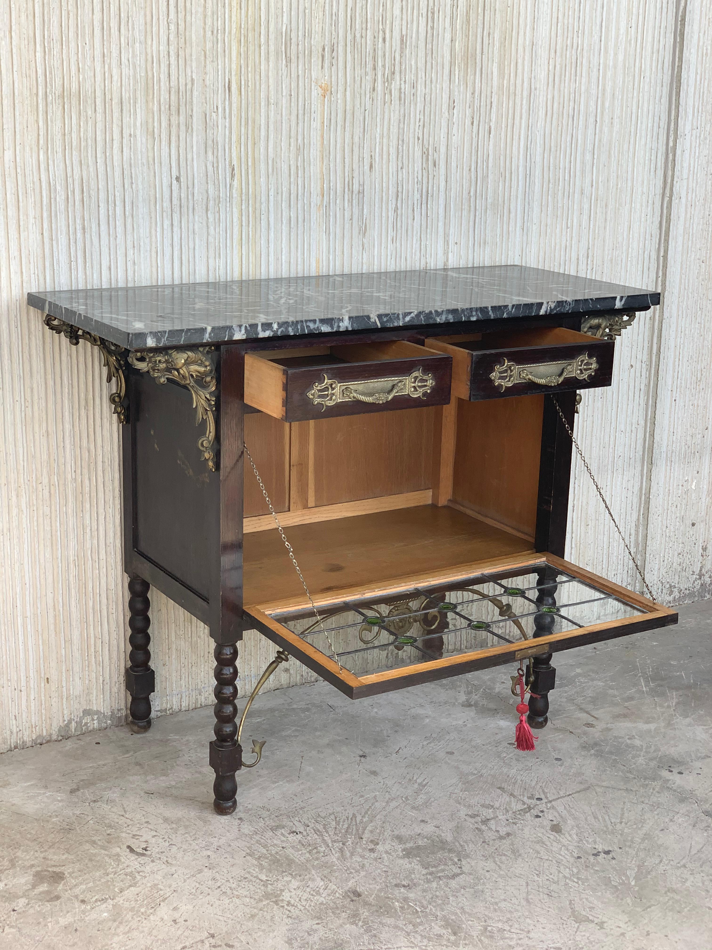 Spanish Buffet, Cupboard in Walnut and Top Marble with Bronze Decorations 1