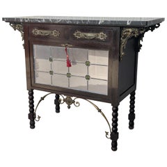 Spanish Buffet, Cupboard in Walnut and Top Marble with Bronze Decorations