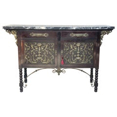 19th Spanish Buffet, Cupboard in Walnut and Top Marble with Bronze Decorations