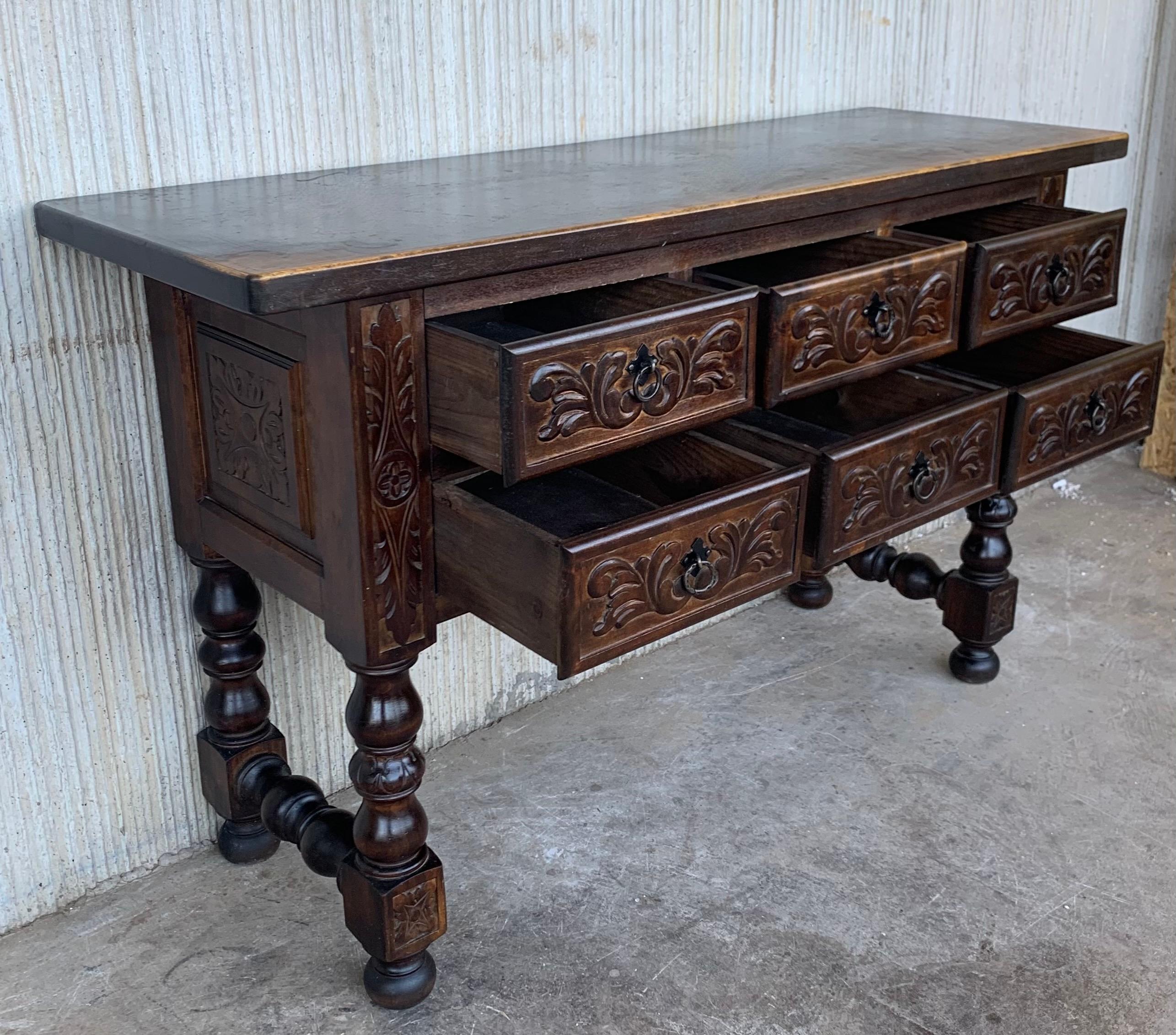 Iron 19th Spanish Carved Console with Six Drawers and Turned Legs