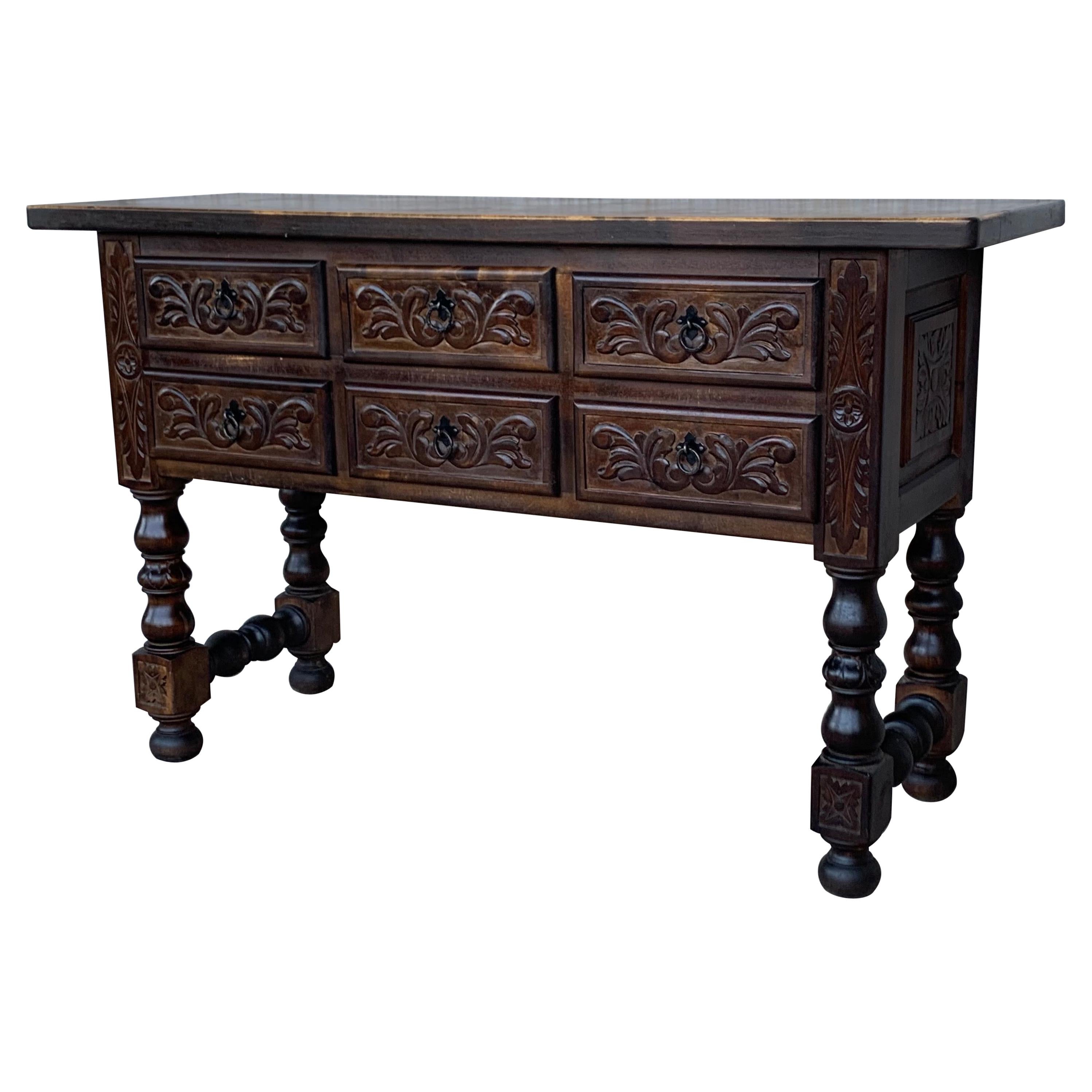 19th Spanish Carved Console with Six Drawers and Turned Legs